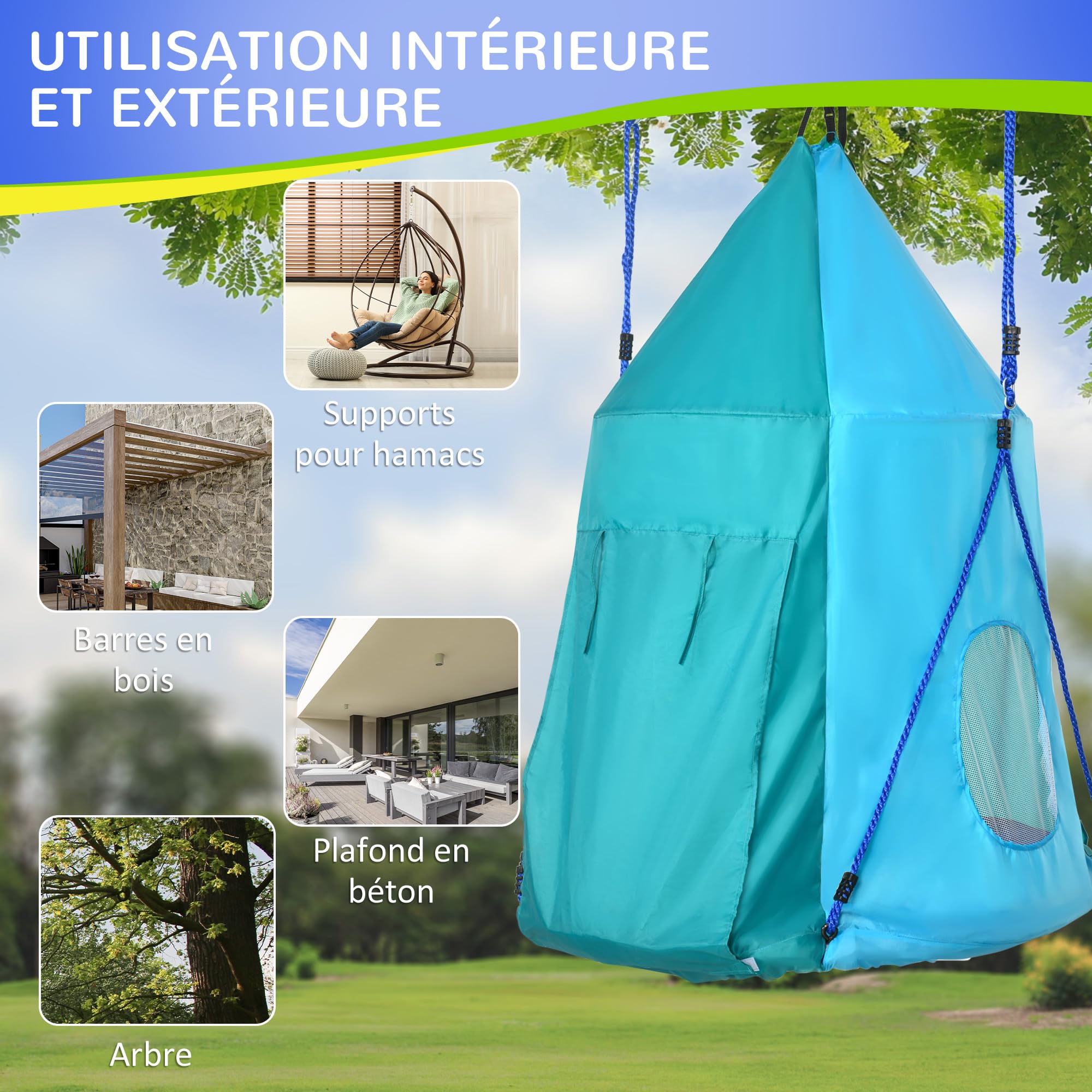 Outsunny Balançoire nid avec auvent Amovible Ø 100 cm, Bleu
