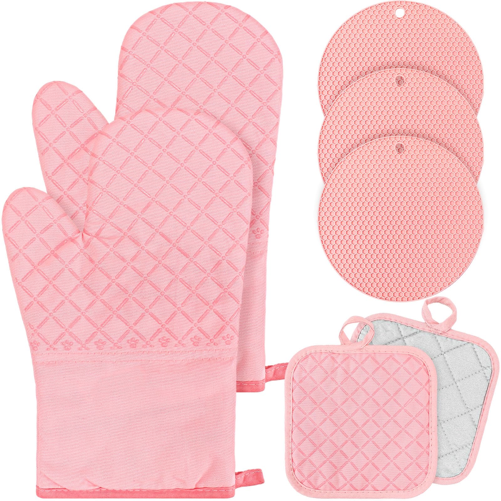 Sumind Oven Mitts and Pot Holders 7 Sets, Heat Resistant Kitchen Gloves Pads Potholders with Pocket Cotton Thread Weave Pot Holders Farmhouse Kitchen Decor Accessories for Cooking Baking (Pink,Rubber)