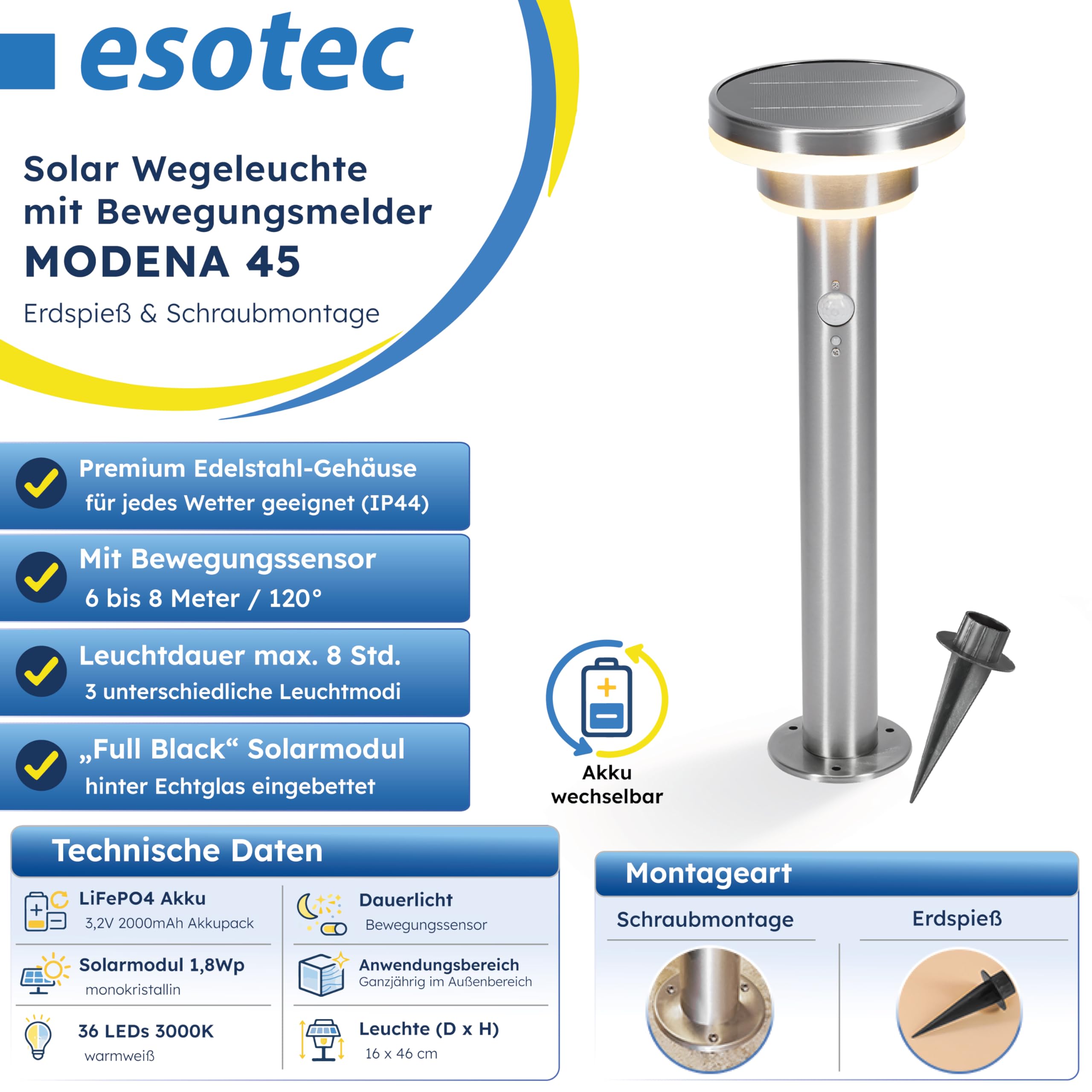 esotec Solar Wegeleuchte Modena 45 cm mit Bewegungsmelder, Solarleuchte für Außen Garten, LED Gartenbeleuchtung Solar 600 lm, warmweiß, IP44, 102754