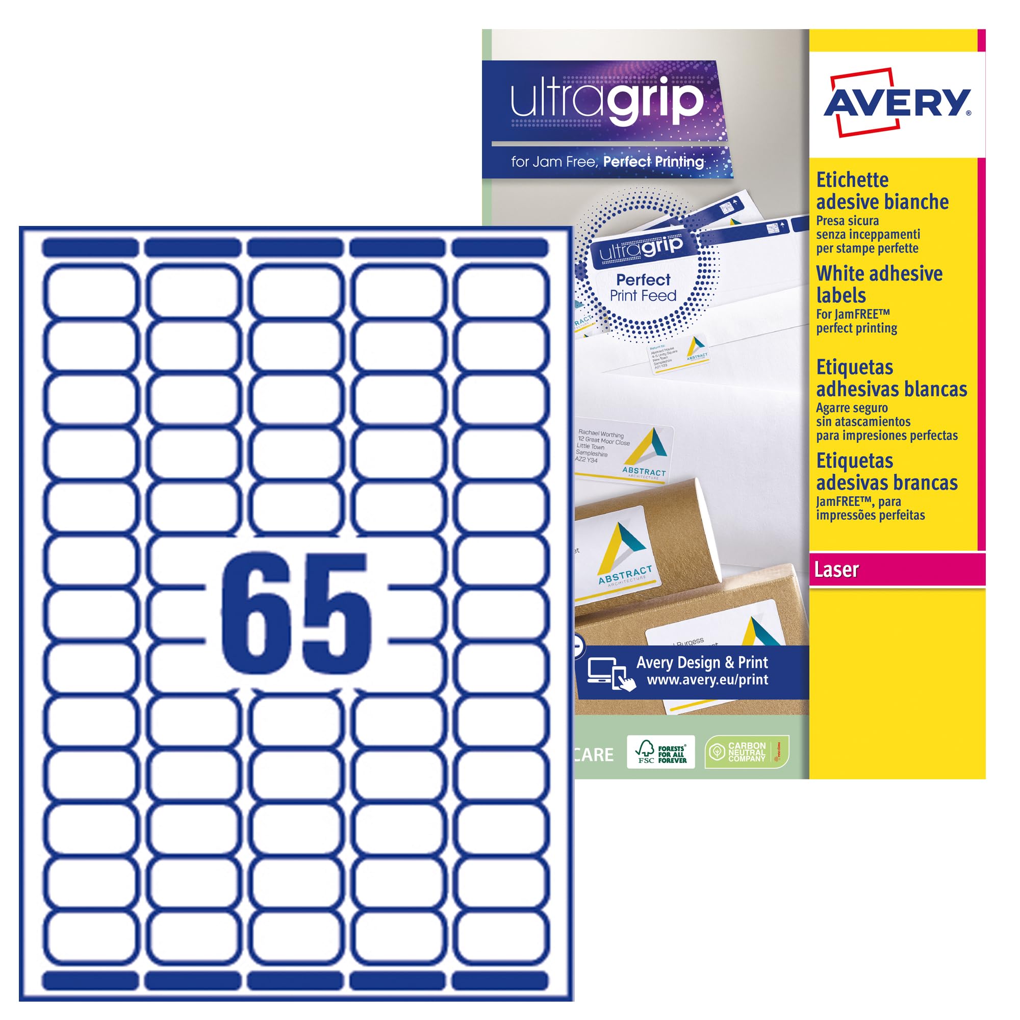 AVERY Self Adhesive Mini Organising Return Address Labels, Laser Printers, 65 Labels Per A4 Sheet, 6500 UltraGrip L7651, White, L7651-100, 707948