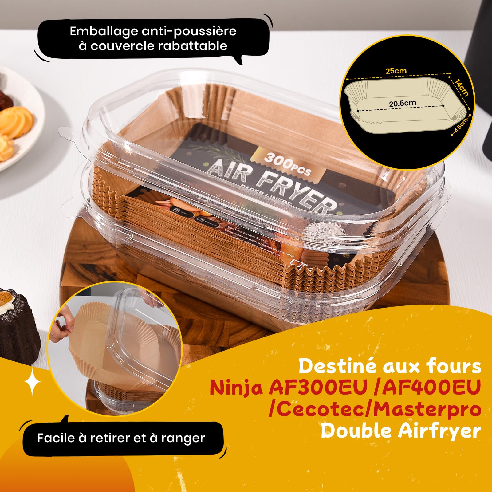 Papier kuchenny do Ninja Air Fryer, 300 sztuk, 20,5 x 14 cm, prostokątne, wkładki frytkownicy bezolejowej, akcesoria do podwójnego stosu Frytkownica powietrzna