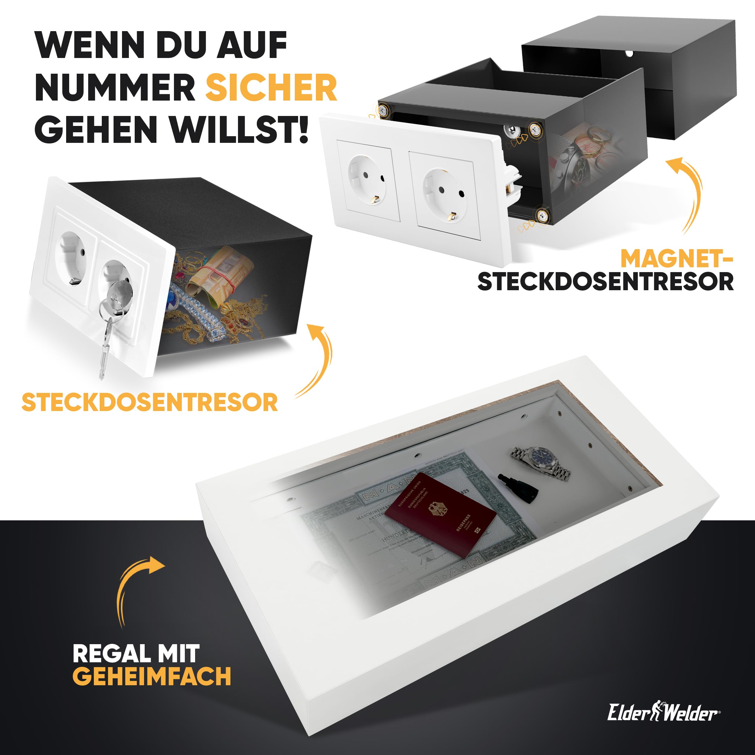 Elder Welder® Sejf z podwójnym gniazdkiem, kompatybilny z każdym podwójnym gniazdkiem Schuko, sejf ścienny do montażu na ścianie, sejf do gniazdka, mini sejf, z kluczami, jako schowek na pieniądze, tajny schowek, sekretna skrytka