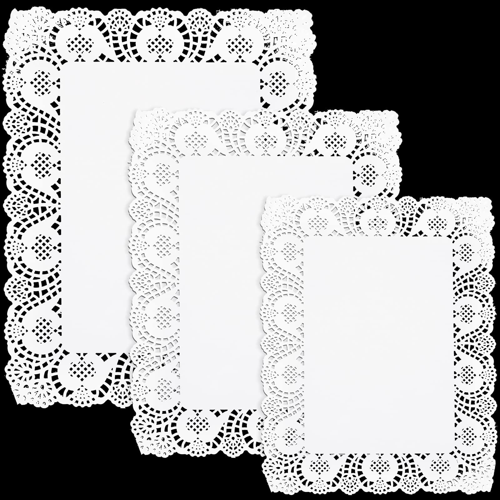 Azonee 150 Pcs 3 Sizes Rectangle Paper Doilies Lace Placemats Disposable Greaseproof White for Table Wedding Birthday Cakes Desserts Food Decoration