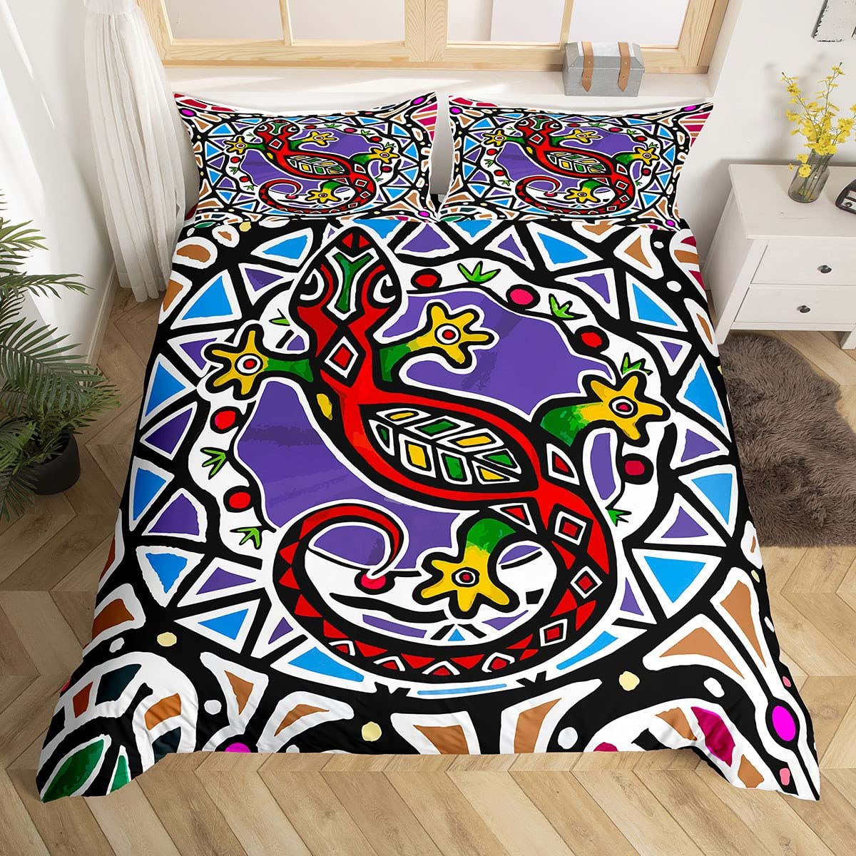 Homewish Exotic Lizard Bedding Set Colorful Chameleon Comforter Cover For Kids Child,Wildlife Reptile Creature Duvet Cover Rainbow Flowers Single Bed Set Wild Animal Pet Kawaii Room Decor
