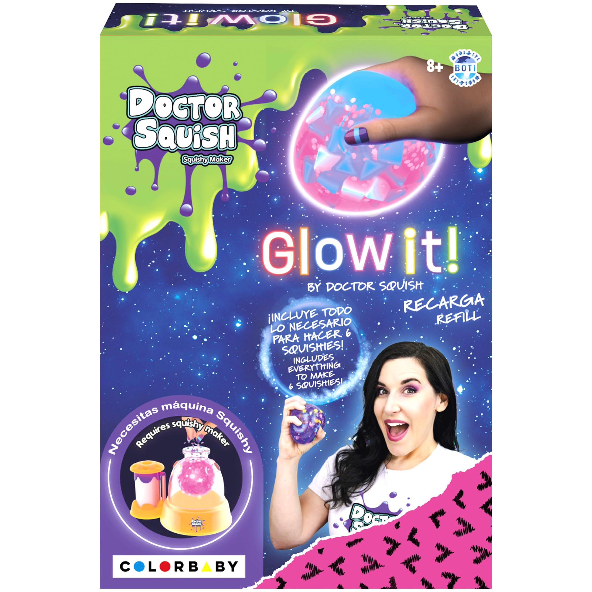 Doctor Squish Recarga Glow it!, Pack con 6 squishies TPR, 6 Clips Reutilizables, Sobres Polvo, Slime, Confeti y Lentejuelas, Compatible con máquina Squishy Maker Doctor Squish, Desde 8 años (48440)
