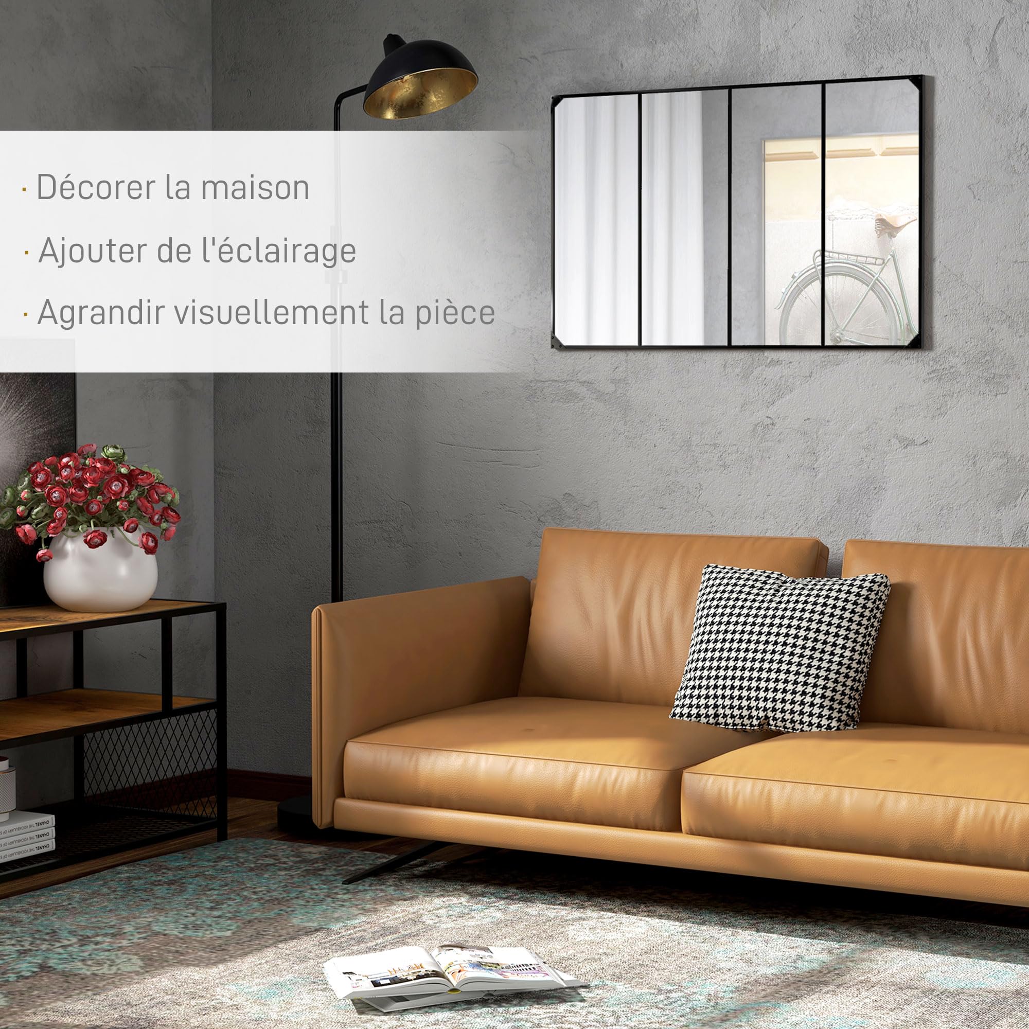 HOMCOM Miroir Mural Verrière Rectangulaire 4 Crochets 109 x 69 cm Noir