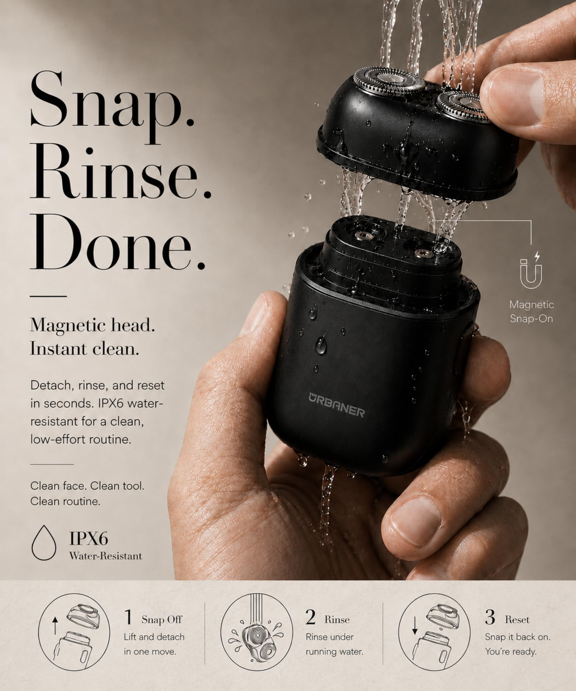 URBANER Mini rasoio, rasoio portatile da uomo, rasoio da viaggio da uomo, mini rasoio elettrico, doppia testa rotante, testa magnetica, impermeabile IPX6, ricaricabile USB-C, 85 g, nero opaco
