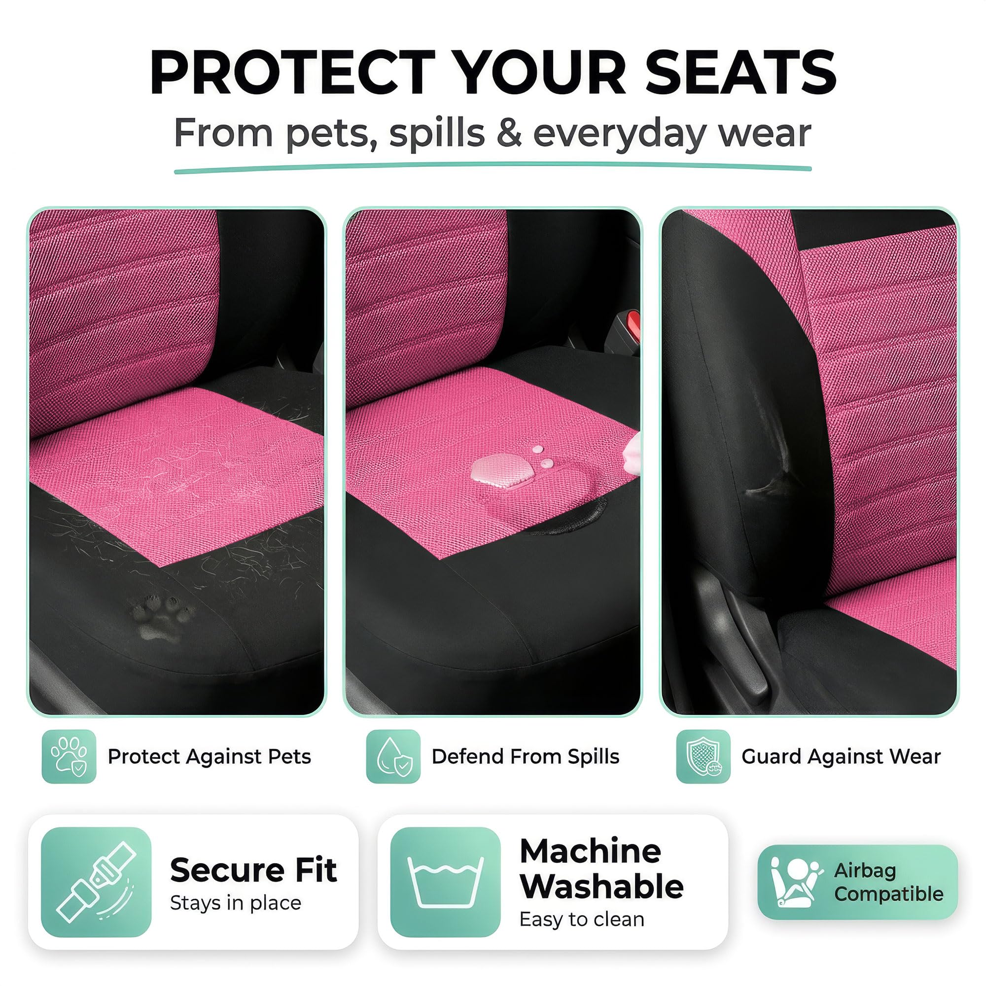 FH GROUP Set di coprisedili anteriori per auto 3D Air Mesh di alta qualità, compatibili con airbag, rosa e nero, accessori per interni universali per auto, camion e SUV
