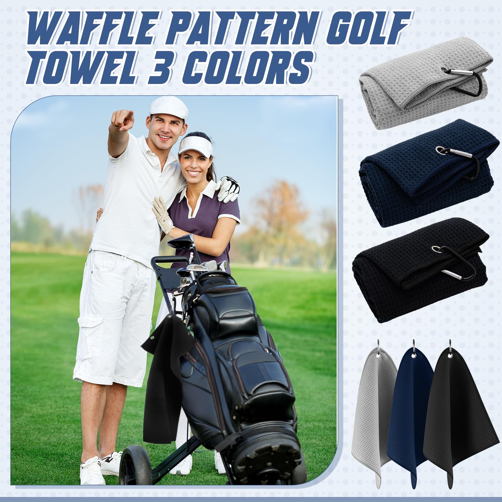 Hahafelt Juego de 6 toallas de golf grandes con clip, 24 x 16 pulgadas, 12 x 12 pulgadas, tela de microfibra portátil con patrón de limpieza de gofres, toalla de golf para bolsa, accesorios de club