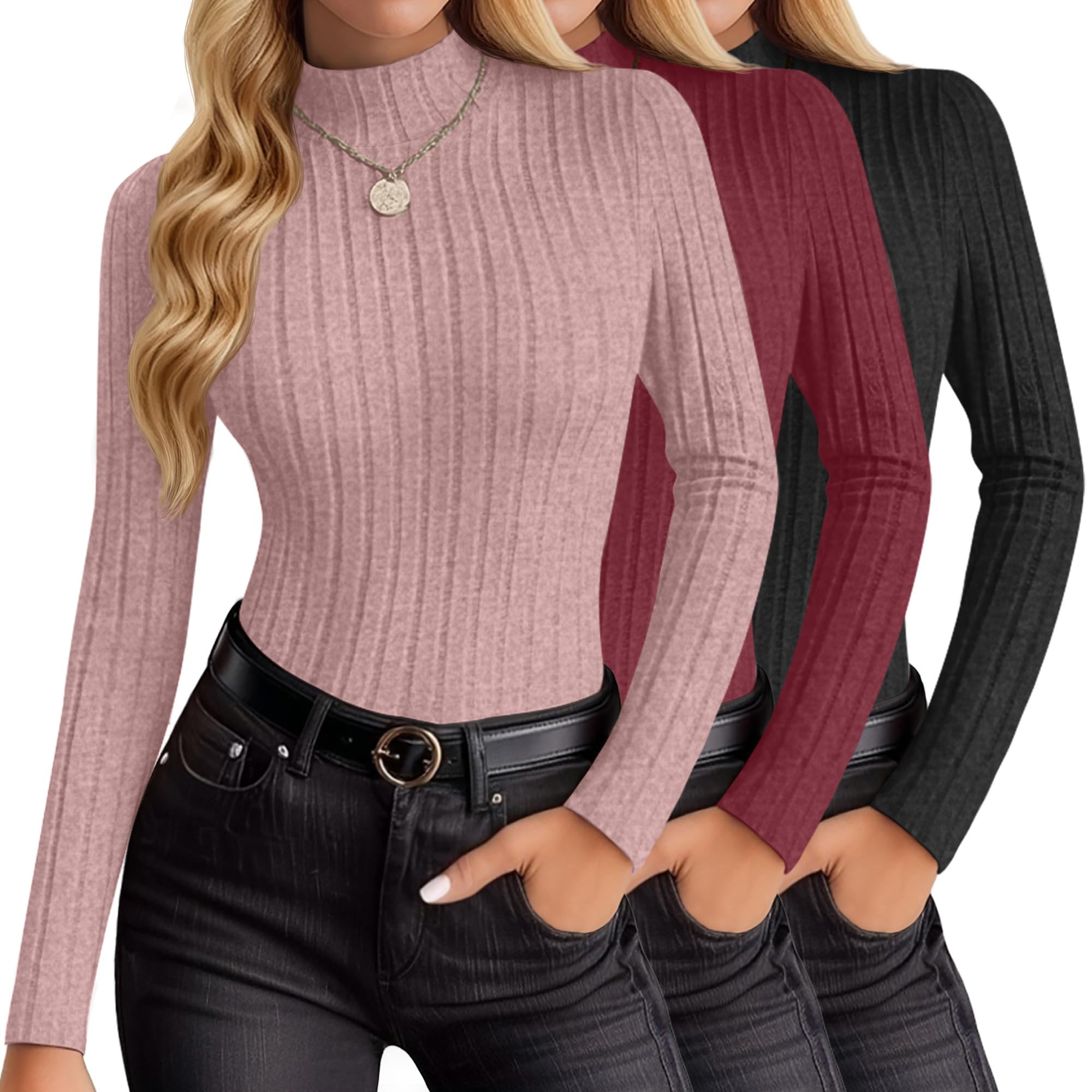 3 Pack Womens Mock Turtleneck Sweaters Long Sleeve Ribbed Knit Slim Fit Thermal Base Layer Soft Fall