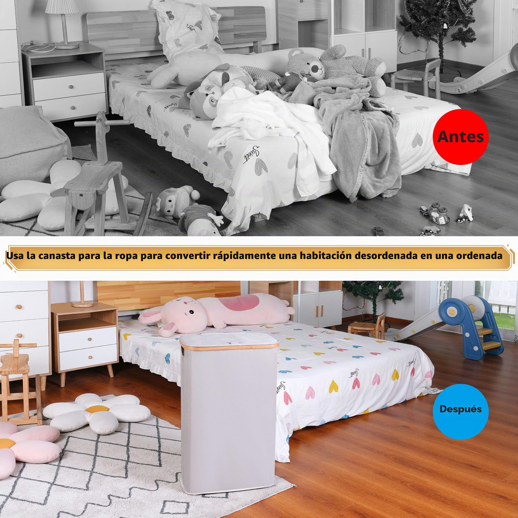 Cesto Ropa Sucia Bambú 60L con Tapa, Cesta Delgado con Bolsa Interior Extraíble, Laundry Basket Plegable para Lavadero Dormitorio Gris claro