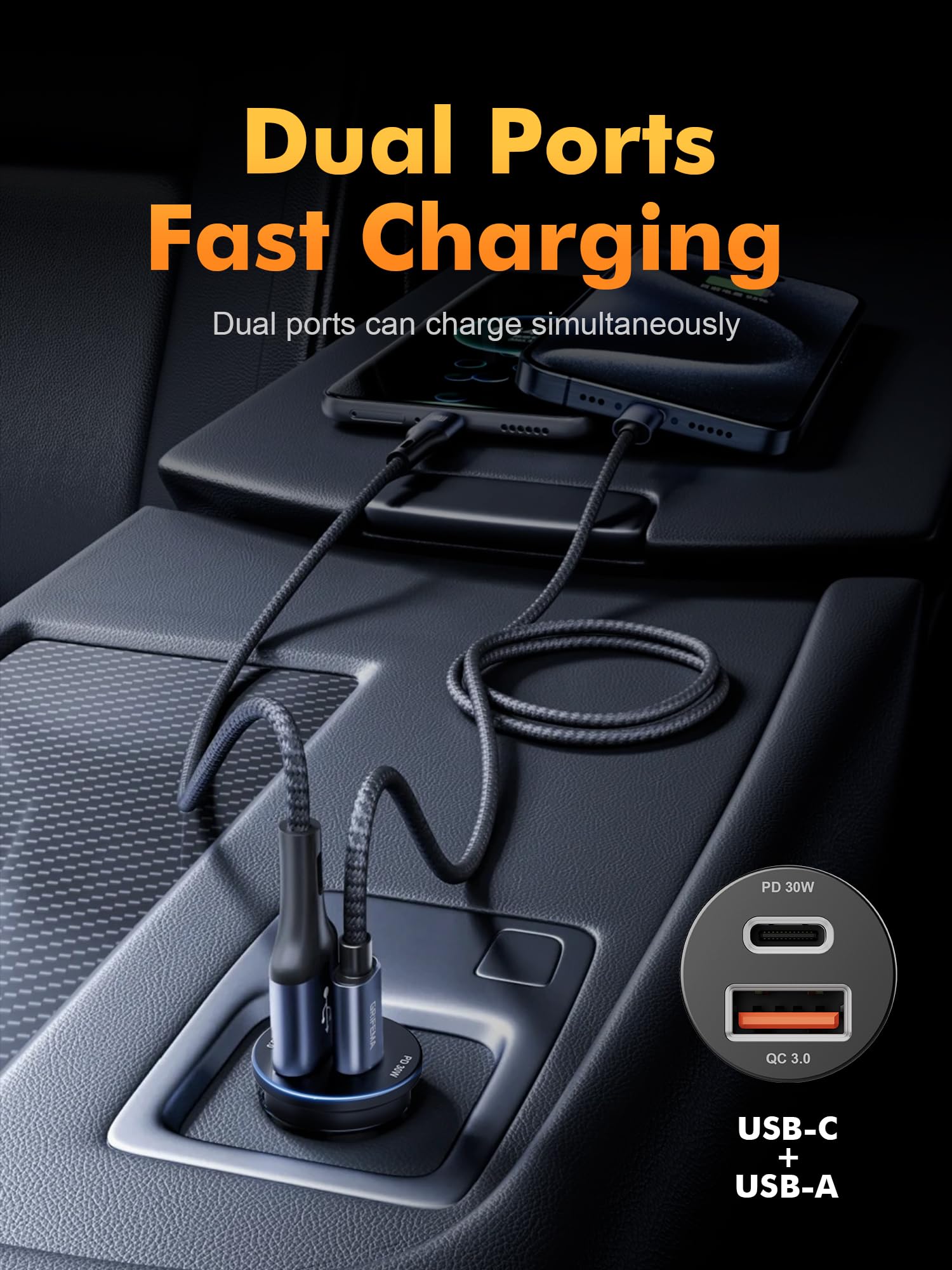 GRIFEMA Ładowarka samochodowa USB C 30 W, ładowarka samochodowa do telefonu komórkowego, podwójna zapalniczka z PD i QC 3.0, kompatybilna z iPhone 16 15 14 13, Samsung Galaxy, iPad, GPS, aluminium