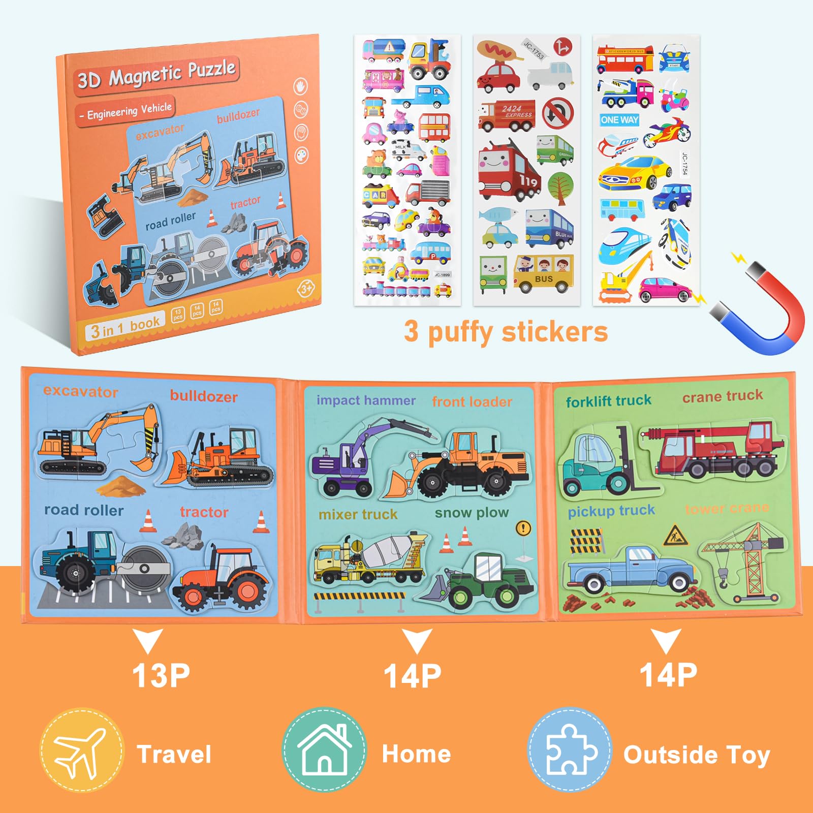 ASTARON Magnetic Puzzle with 80 Puffy Stickers for Toddlers 41 Pieces Construction Vehicles Toddler Puzzles Preschool Education learning Travel Toys Car Plane Activities For Kids Quiet Time - Image 2