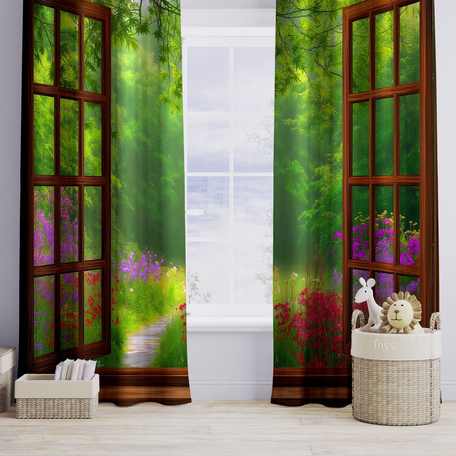 Genérico Bosque Verde Flores Cortinas Opacas térmicas Que bloquean la luz, Parete Artistica Cortinas Opacas con Ojales para Dormitorio y Sala de Estar 140 x 260 cm (2 Paneles)