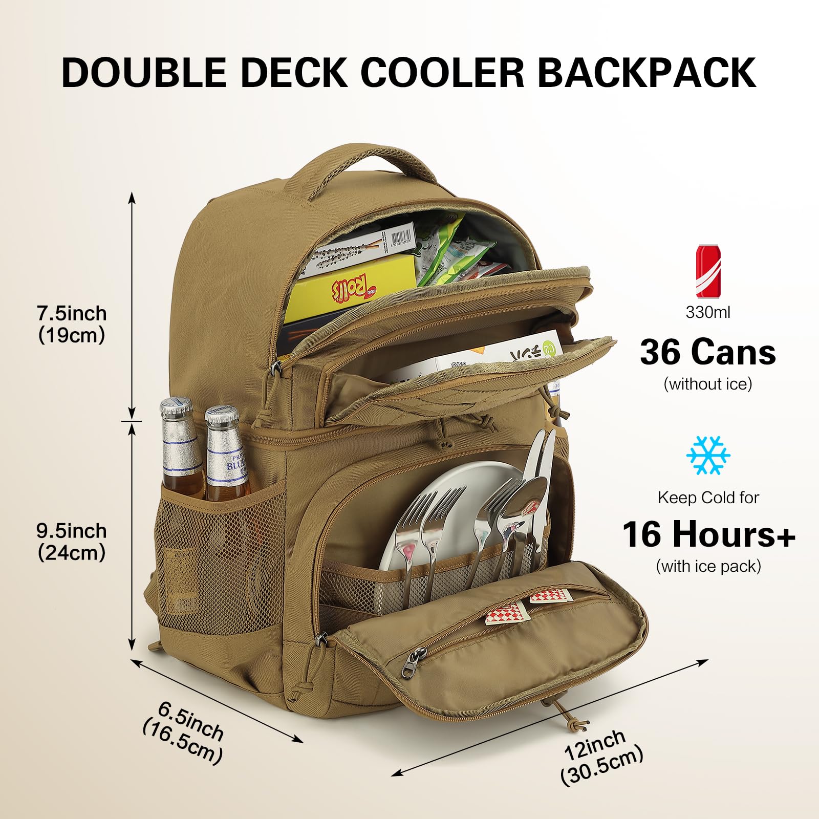 Mochila Nevera Táctica 20L Mochila Termica Pequeña con doble compartimento para hombre y Mujeres Prueba de Fugas Bolsas Isotermica para Trabajo , Playa, Picnics, Campingaz, Marrón