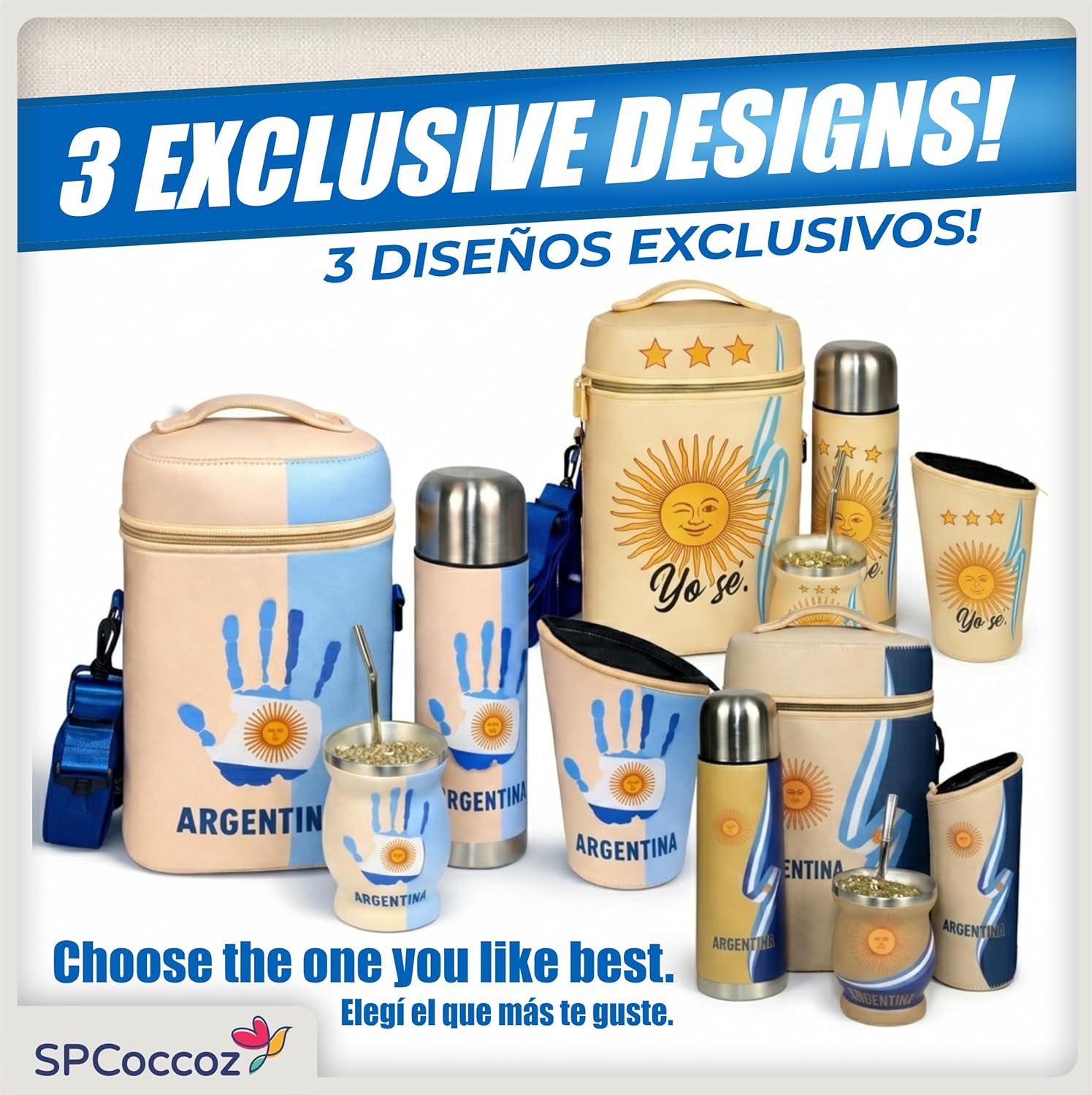 Yerba Mate Cup Set – Complete Argentine Yerba Mate Kit - 750 ml Stainless Steel Bottle, Mate Gourd, Bombilla, Neoprene Bag, Yerba Container & Gift Box (Cinta Argentina con Sol)