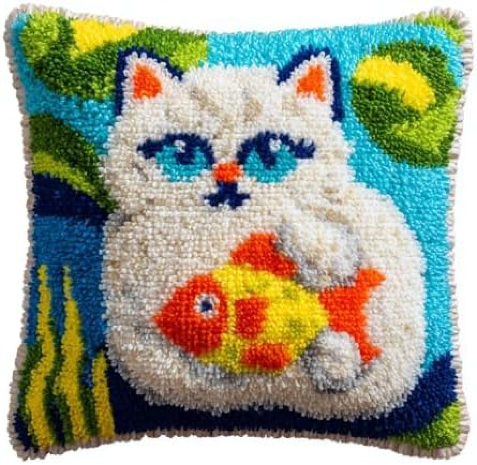 kitphoenix DIY Latch Hook Cushion Kit Persian Cat Catch Fish,Beginner-Friendly Rug Hooking Pillow Kit,Crochet Craft Cushion Cover for Home Decor,43x43 cm-3
