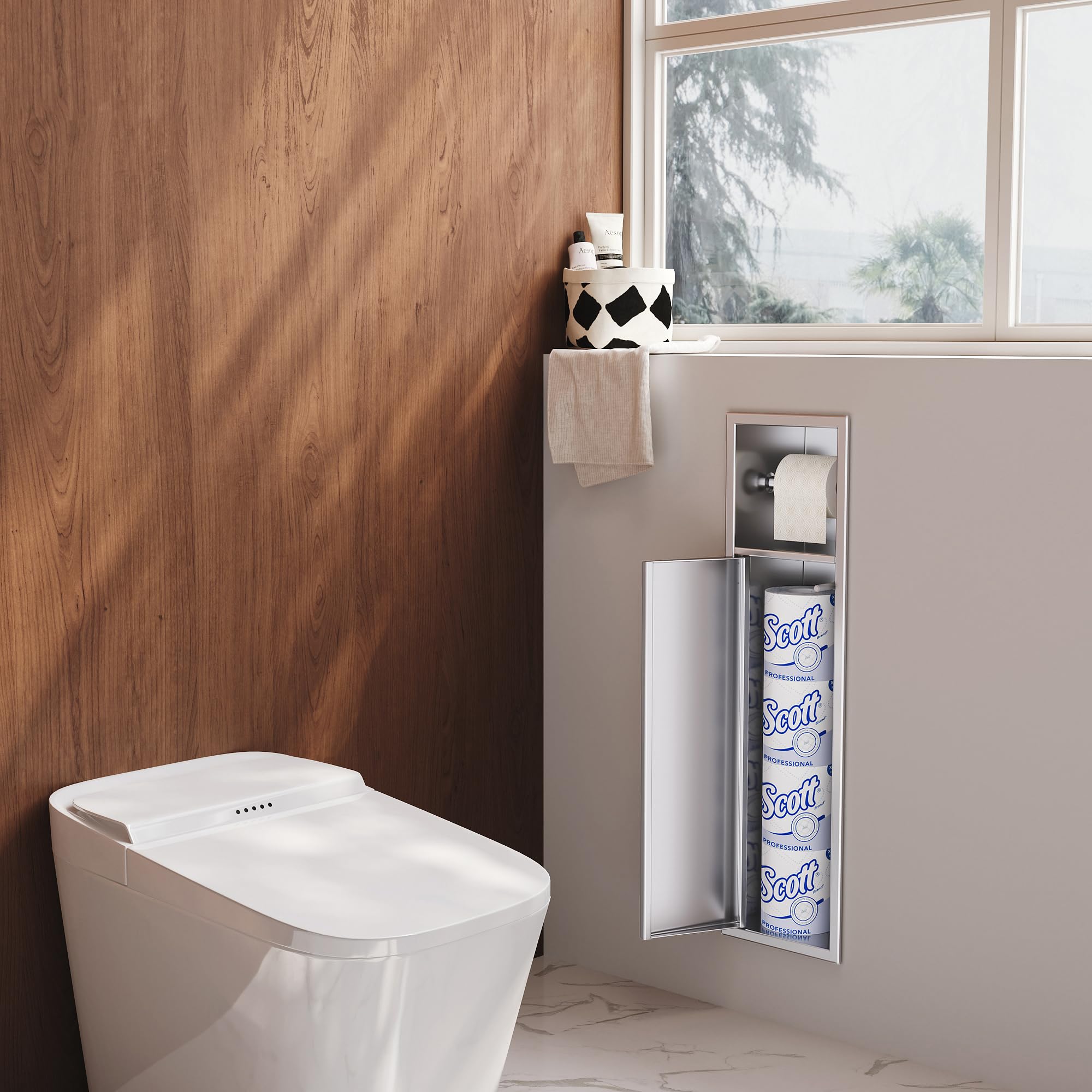 Neodrain Unterputz-Toilettenpapierhalter Edelstahl 304, 63 x 15 x 15 cm | Badezimmerschrank für Klobürstengarnitur, Papieraufbewahrung, Push to Open