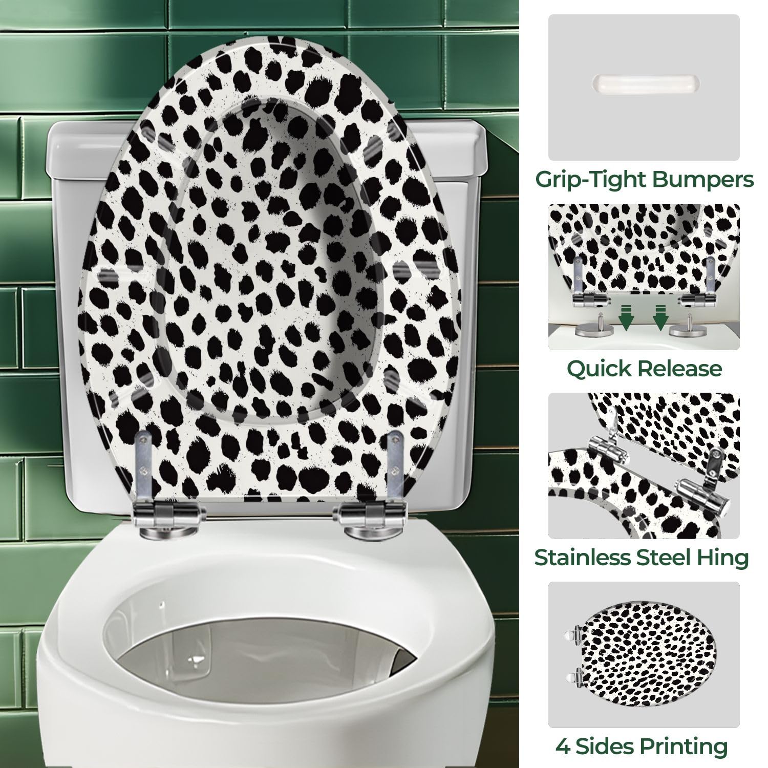 Asiento de inodoro alargado de resina con estampado de piel dálmata para baño