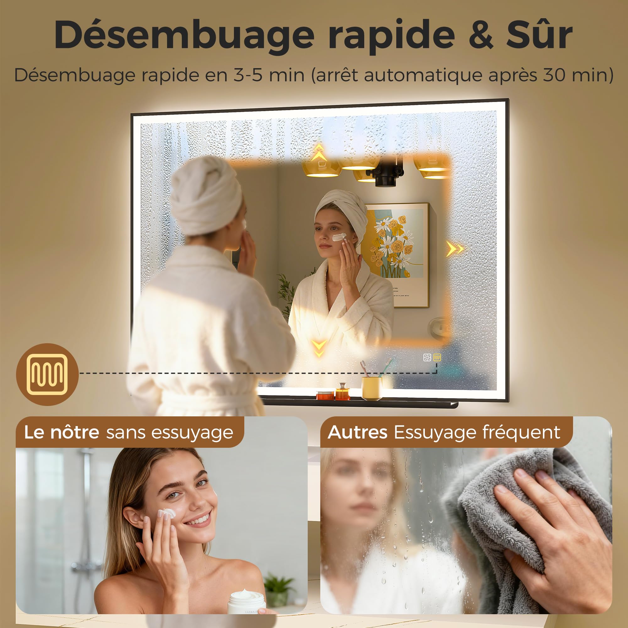 STARLEAD 120x90cm Miroir-Salle-de-Bain-avec-Eclairage-et-Tablette, Cadre en Aluminium Noir, Anti-Buée Miroir-LED-Salle-de-Bain, 3 Couleurs Réglables, Verre Trempé, IP44, Horizontal/Vertical