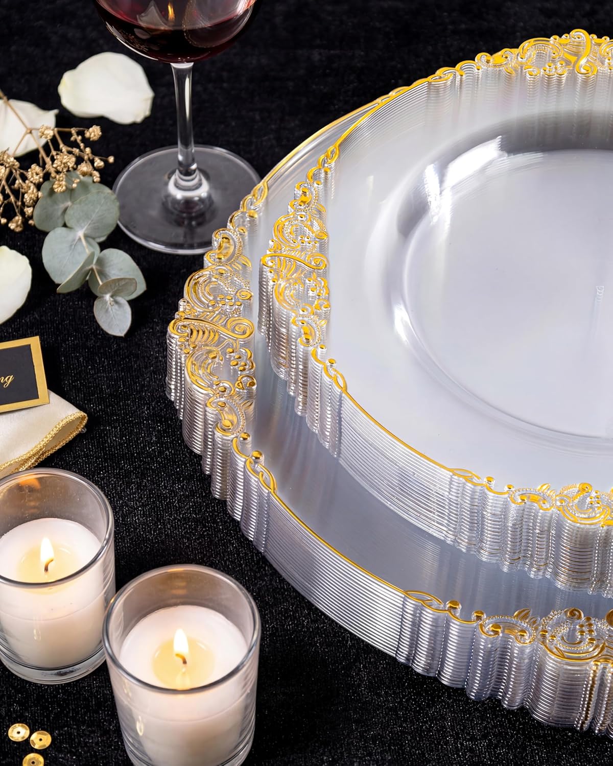 Morejoy 100pcs Gold Plastic Plates - Clear Gold Disposable Plates - 7.5 inch clear and gold dessert plates, Clear Plastic Plates with Gold Rim for Weddings & Parties & Shower