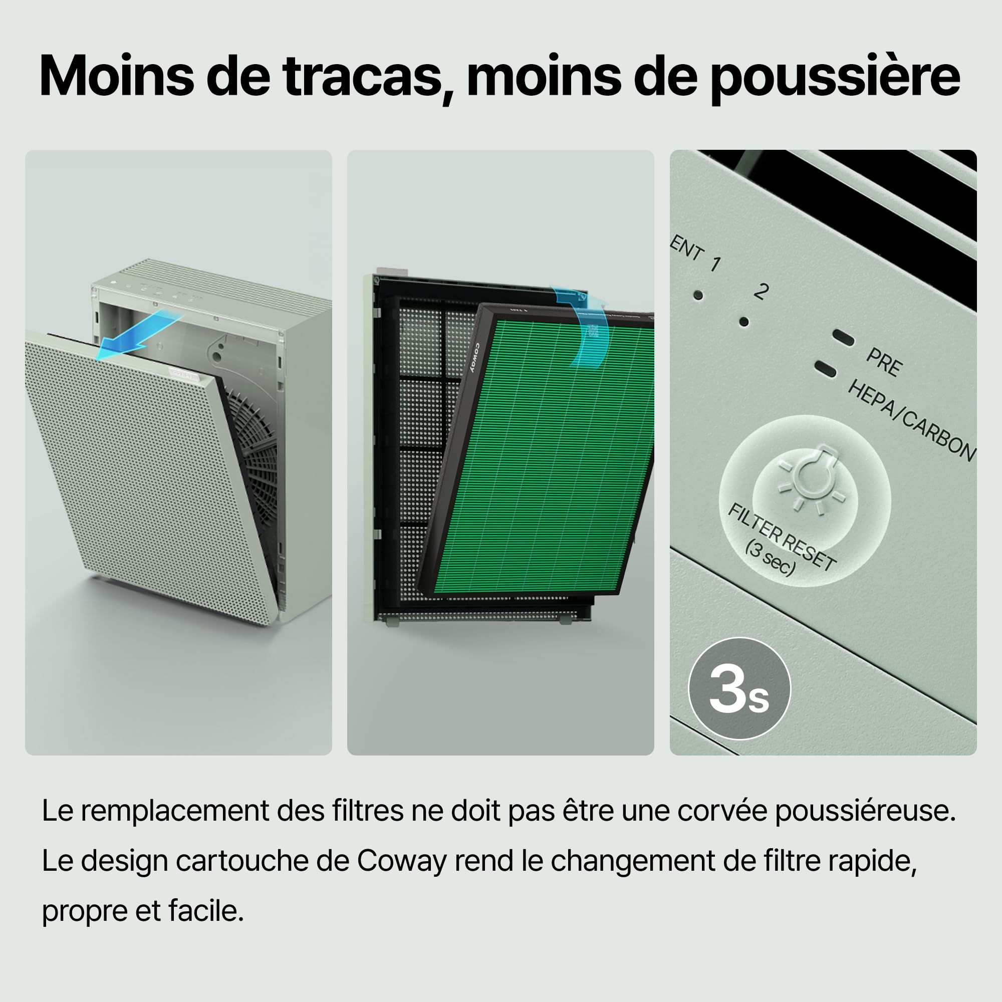 COWAY purificateur d’air maison chambre, air purifier, ECARF Quiet Mark, mode sommeil 20 dB, préfiltre lavable amovible par le haut, allergies fumée pollen animaux, Airmega 150, Vert