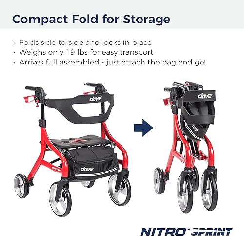 Miniatura 30 de Drive Medical Nitro Sprint - Andador plegable con asiento, ligero, para estatura estándar, con ruedas grandes, plegable, color rojo