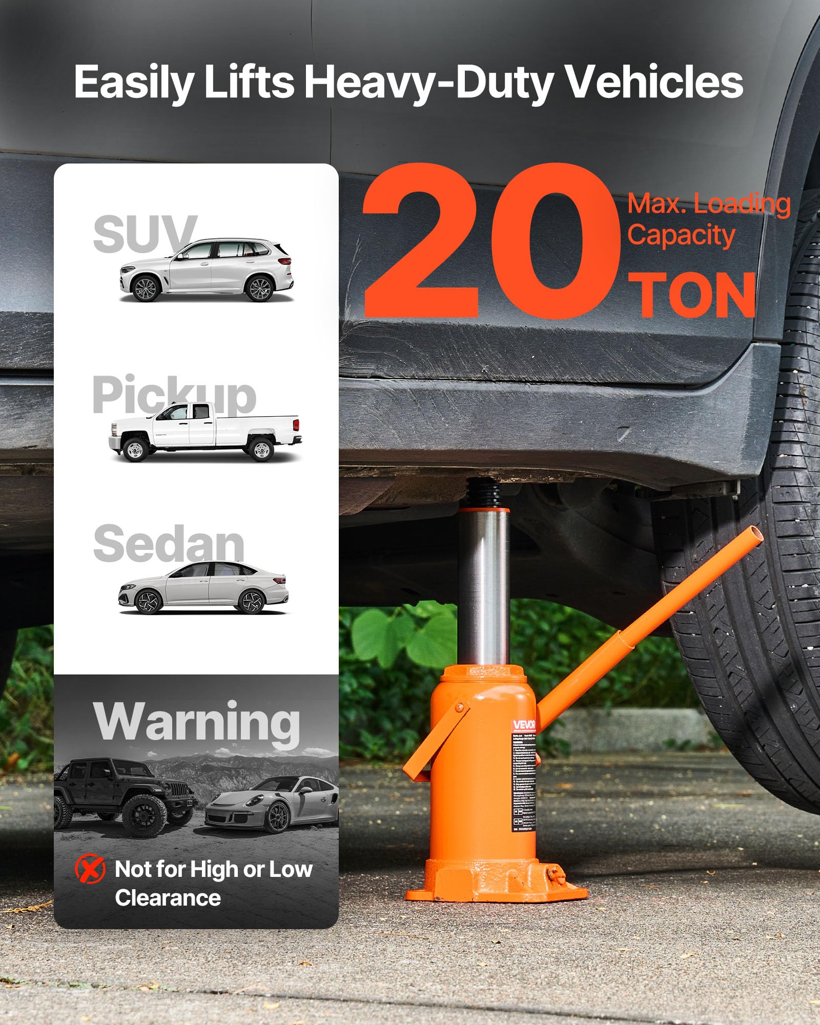 VEVOR Gato Hidráulico de Suelo 20 T, Elevación 225-435 mm, para Coches SUV Camionetas