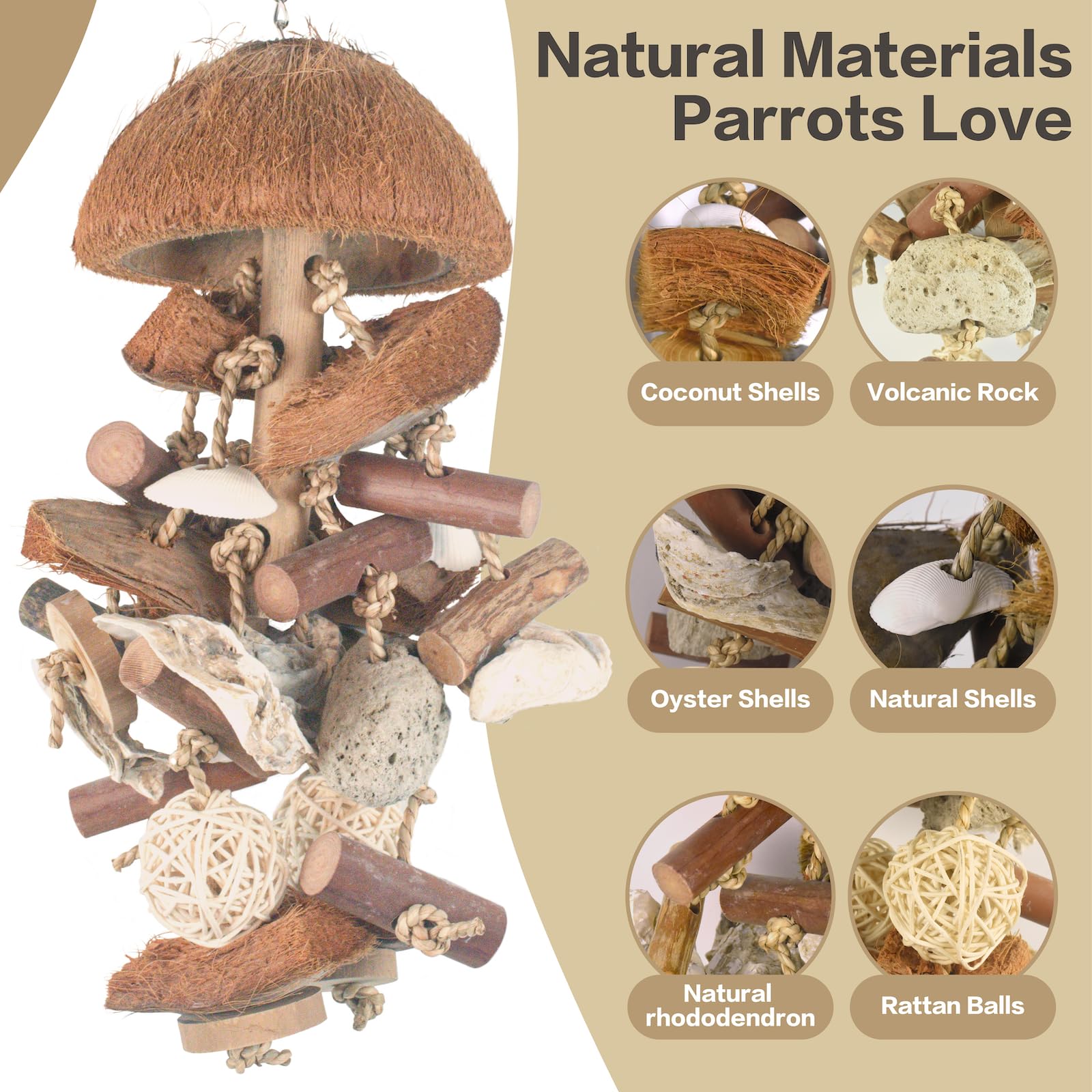 JoyGinBStiao Bird Toys with Natural Coconut Shell - 18in Handmade Hanging Shredding & Foraging Toy with Wood Blocks, Lava Stones, Parrot Toys for Cockatiels, Conures, Parakeets - image 3