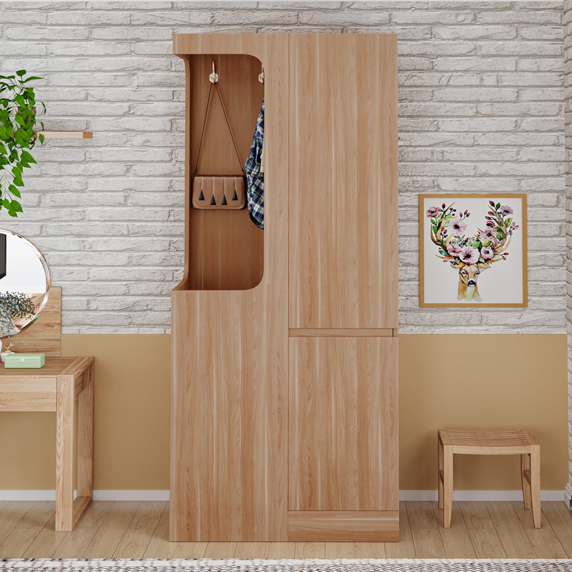 Armoire 70 x 40 x 170 cm, avec tiroirs, compartiments de rangement et espace vestiaire ouvert, peu encombrante pour chambre à coucher et couloir, couleur bois
