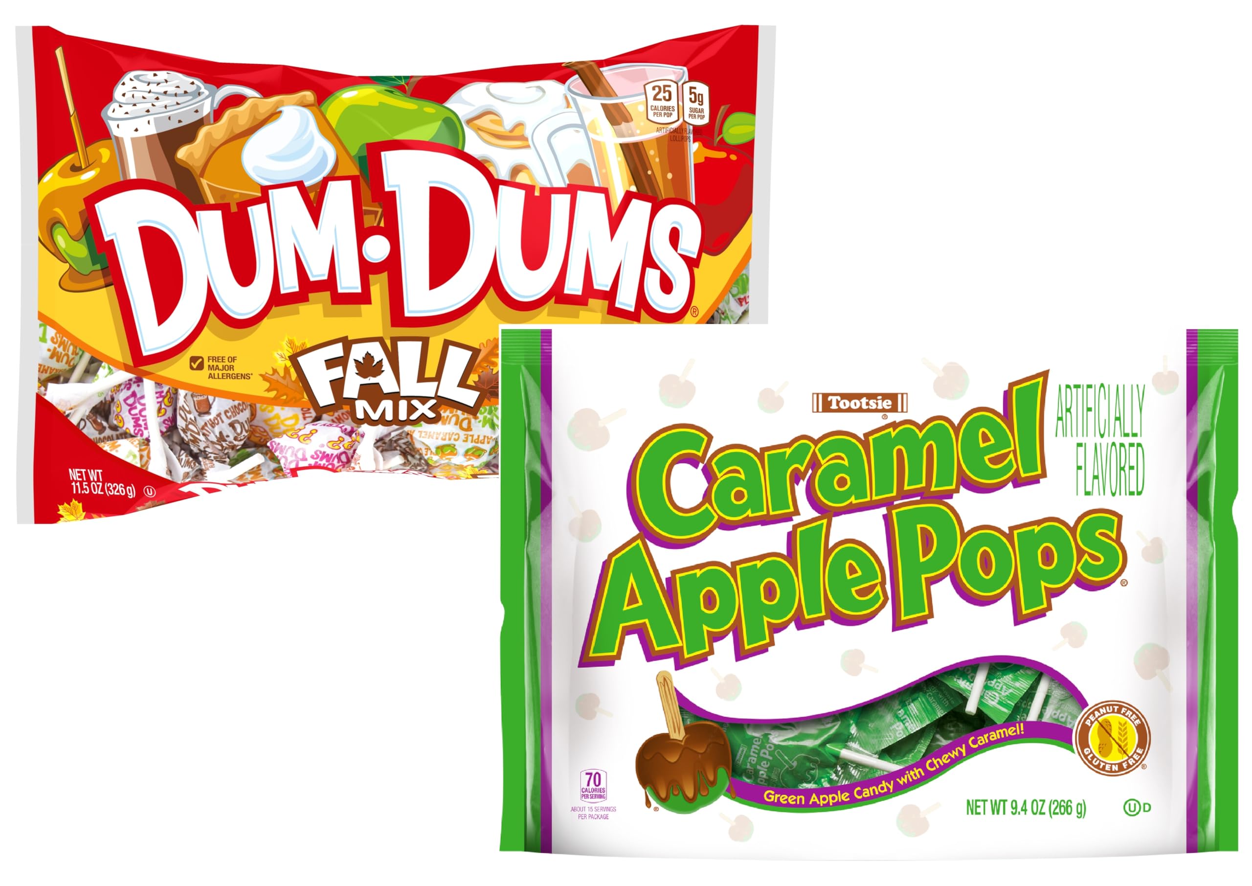 (1) Dum-Dums Fall Mix Lollipops 10.2 oz bag bundled with (1) Tootsie Caramel Apple Pops 9.4 oz bag - Halloween Candy Free of Nut and Gluten Allergens