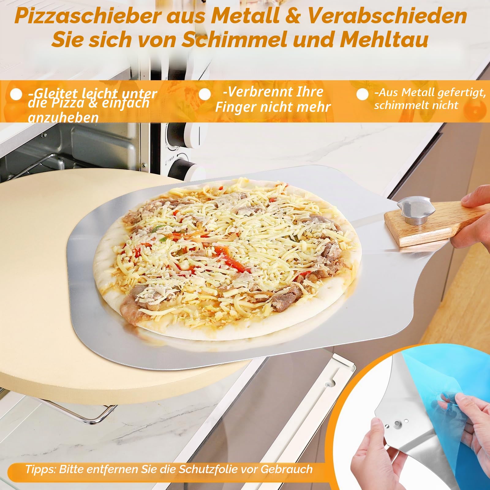 Pizzastein 5er Set, 38 cm Großes Runder Pizzastein für Backofen & Gasgrill & Außengrill mit Metall-Pizzaschieber & Pizzaschneider, 1,5 cm Verdickt Backstein für Backofen Brot