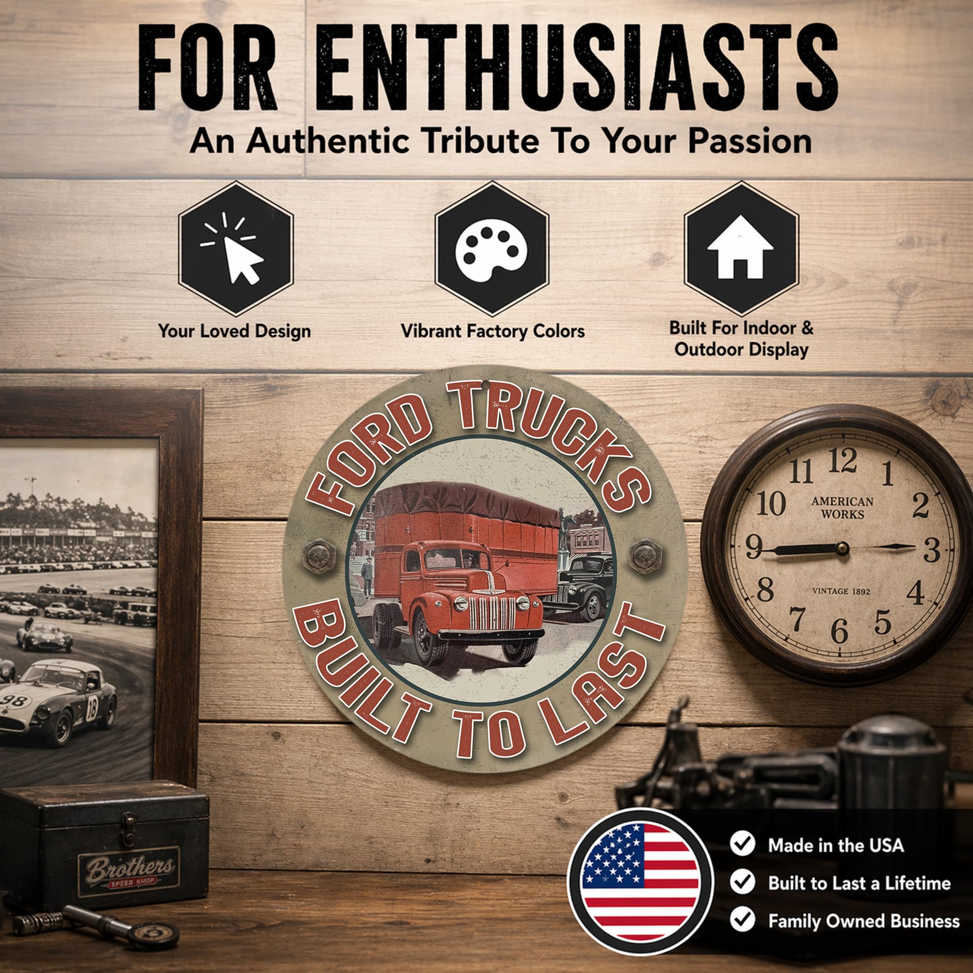 Brotherhood Targa in metallo vintage con riproduzione di cartelli in metallo vintage per garage e casa, diametro 11,75 pollici – Ford Trucks Last to Built