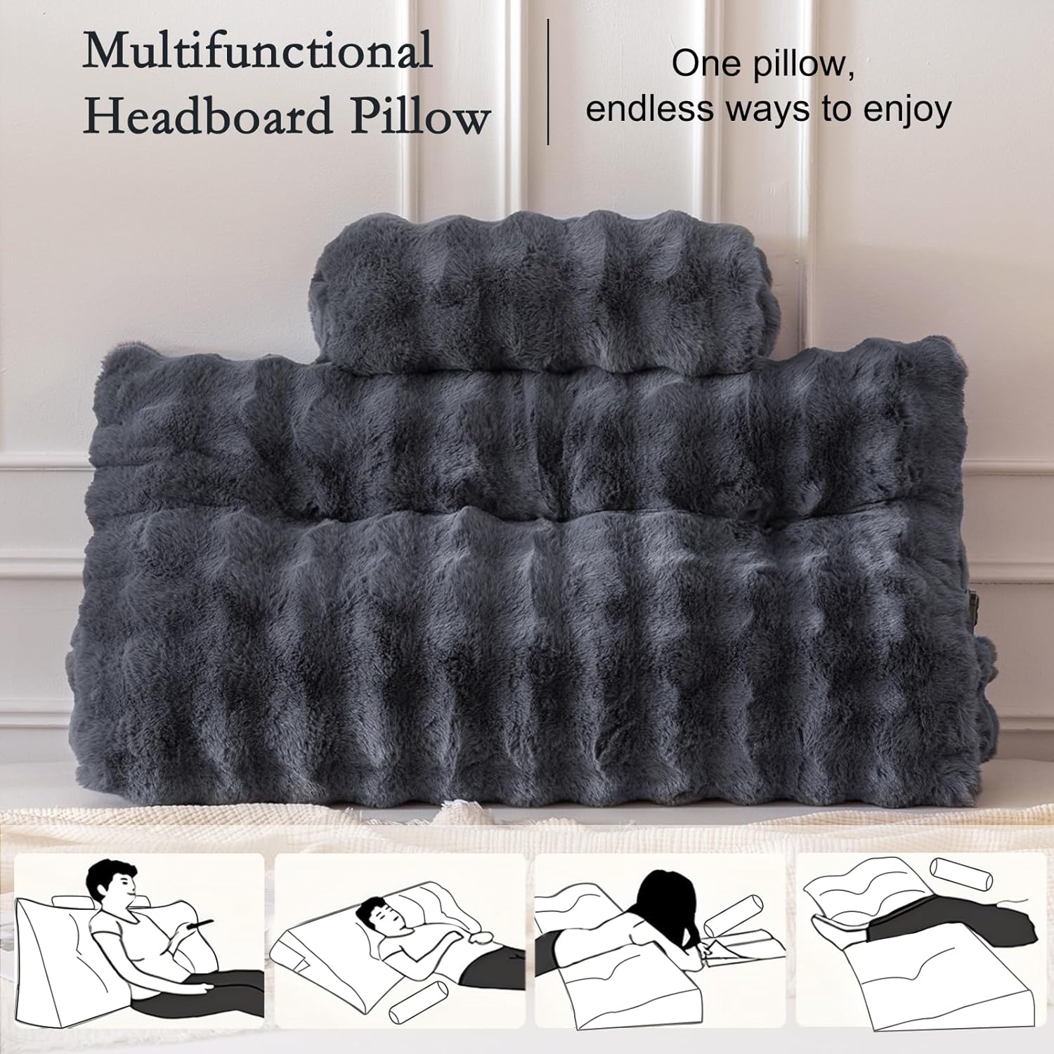 YOUR MOON Wedge Headboard Pillow Twin with 1 Neck Roll Pillow, Support Large Bed Bolster Pillows for Sitting Up in Bed, Large Triangular Wedge Backrest Cushion for Reading, Gray