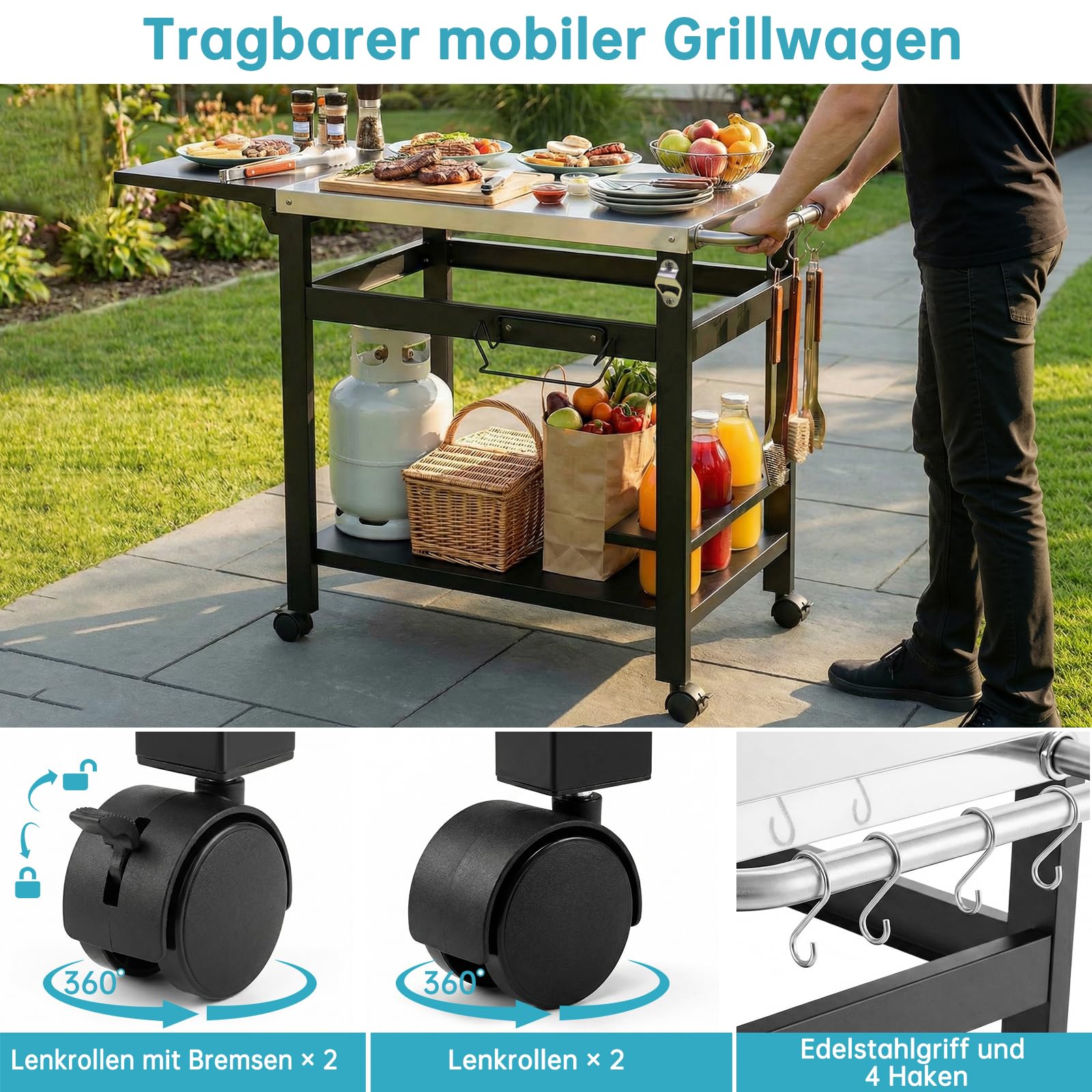 LIFERUN Desserte Barbecue Extérieur avec Table d'appoint Pliable, Chariot Plancha 2 Niveaux avec Dessus de Table en Acier INOX, Chariot de BBQ Pizza 4 Roues, pour Cuisine, Jardin et Fêtes, 116x48 cm
