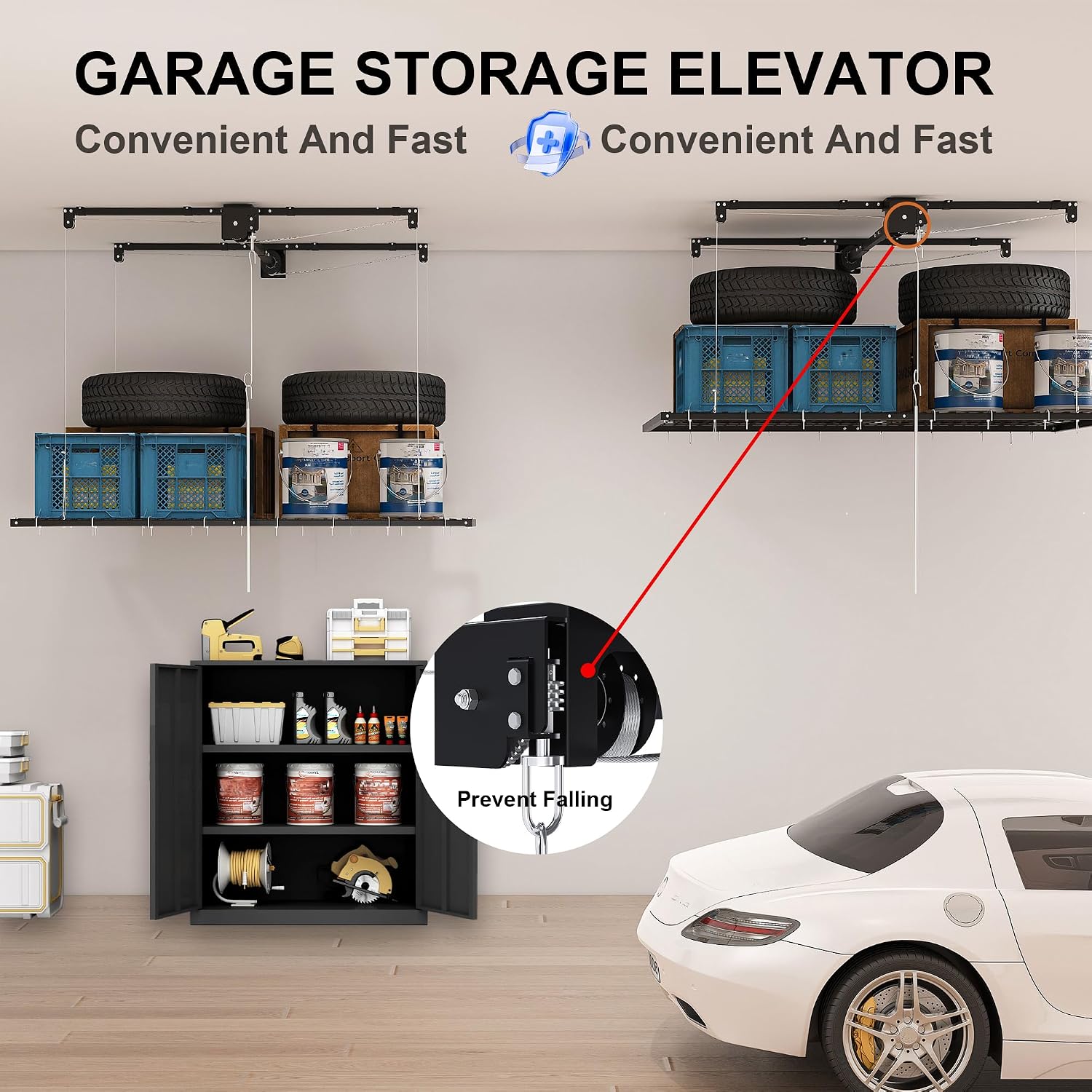 Overhead Garage Storage Rack 4x8 FT, Adjustable Ceiling Lift Storage System for 10–12 FT Ceilings, Heavy-Duty Steel Overhead Shelf with Crank Handle, Safety Lock, 325 lbs Capacity