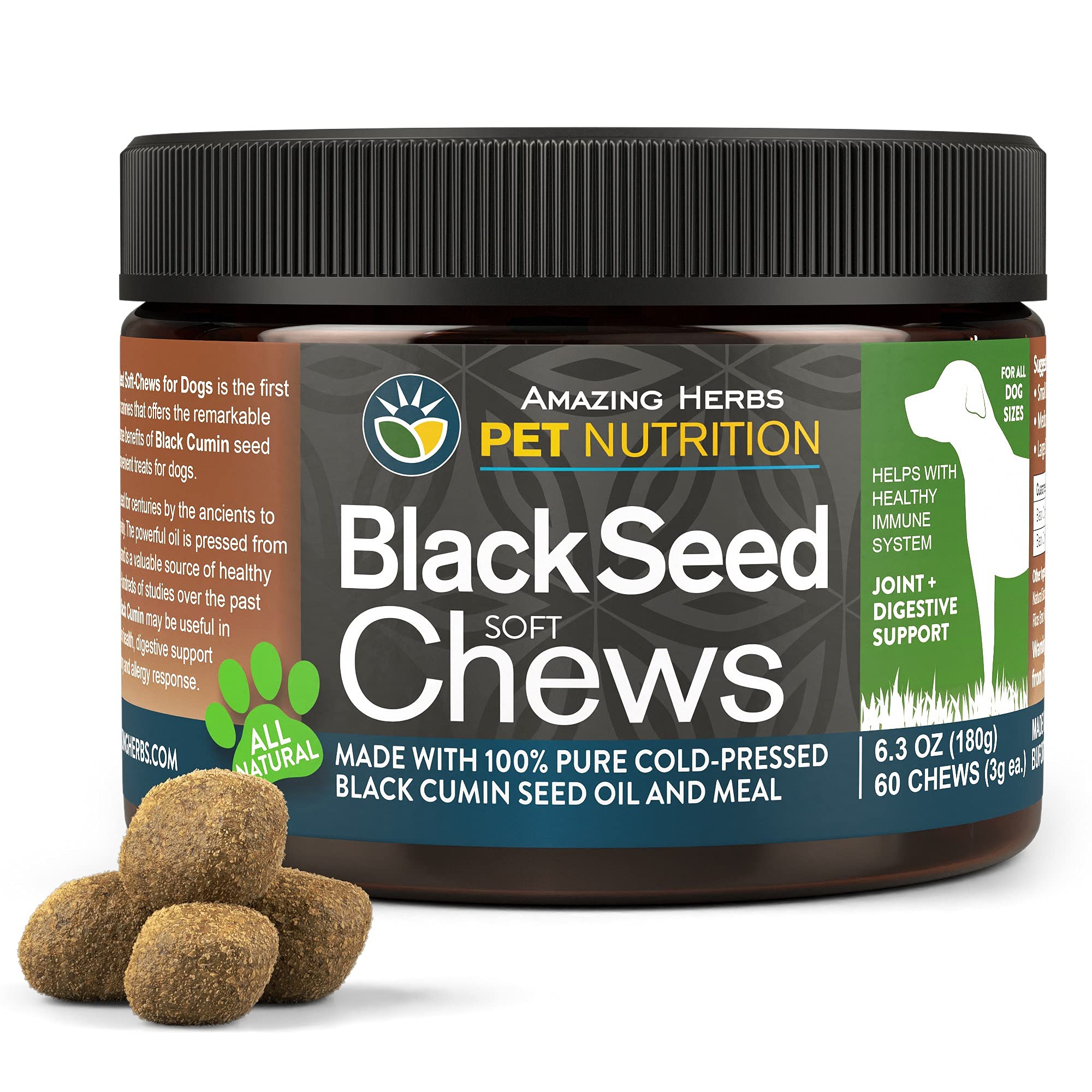 Amazing Herbs Black Seed Soft Chews for Dogs- All Natural, 100% Pure Cold-Pressed Black Cumin Seed Oil & Meal, Helps With Healthy Immune System, Joint & Digestive Support - 60 Dog Chews, 6.2 Oz