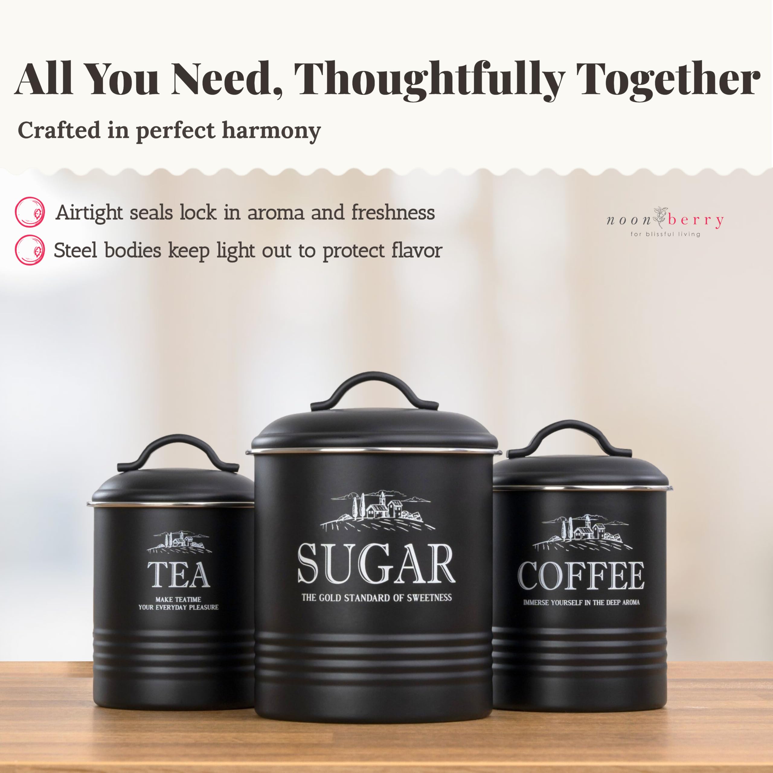 noonberry Lot de 3 boîtes de cuisine noires mates pour comptoir – Ensemble de récipients hermétiques pour café, thé, sucre – Ensembles de boîtes rustiques pour la cuisine