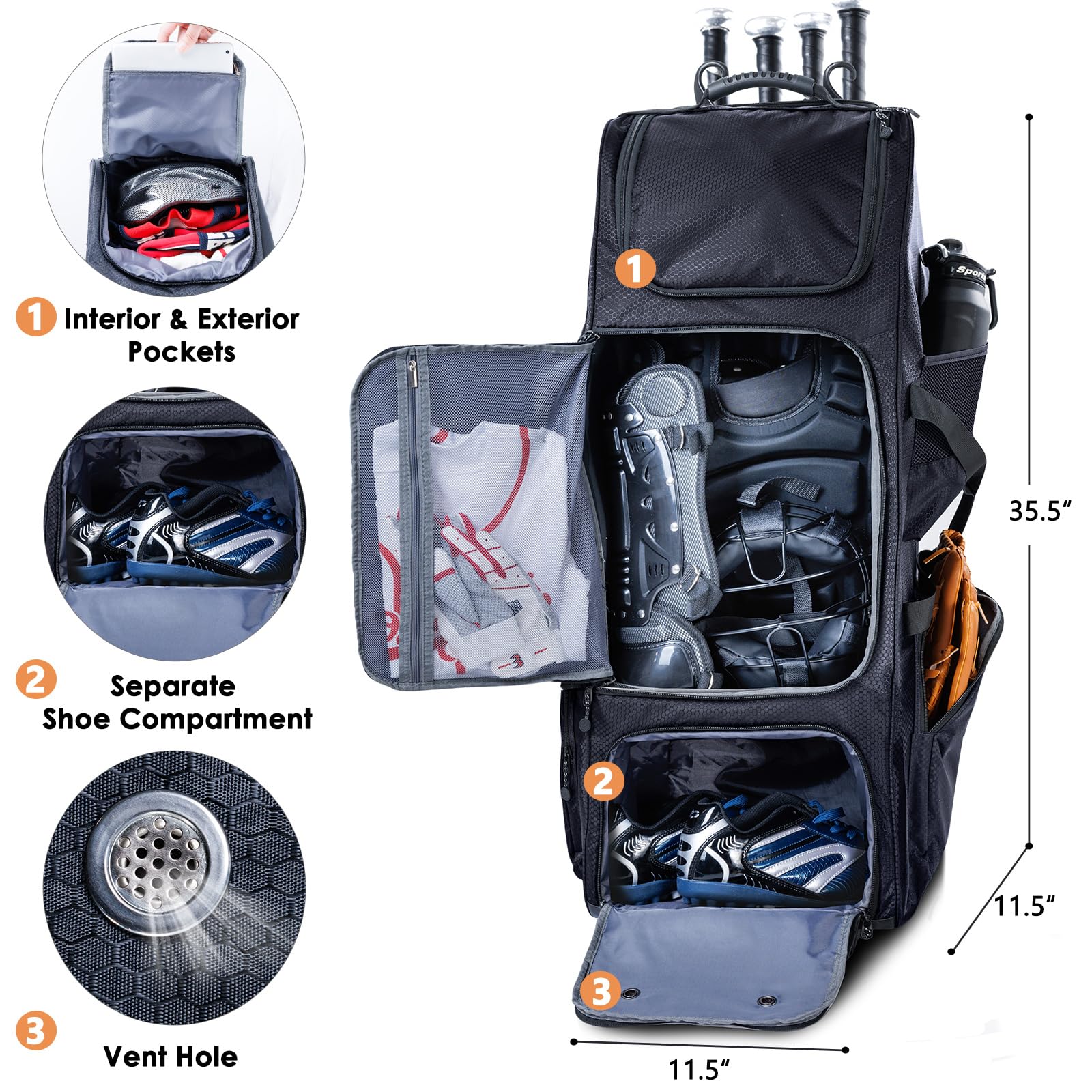 Baseballtasche mit Rollen, separatem Schuhfach und Zaunhaken, große Softball-Tasche für T-Ball, Teamausrüstung, Seesack, Catcher Gear Bag für Jungen 8–12, Jugendliche, Erwachsene