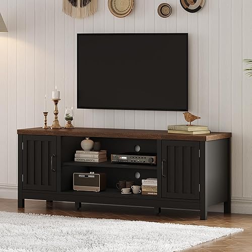 ChooChoo Farmhouse TV Stand for Televisions up to 65 inches, Entertainment Center Console Table Media Furniture with Storage Cabinets and Open Shelves, Fluted Door, for Living Room Bedroom, Black