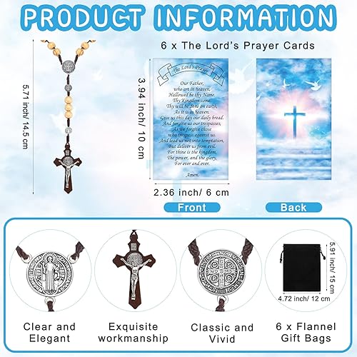 Miniatura 3 de Cunno 6 juegos de collar de cuentas de rosario de madera a granel para hombres y mujeres, rosarios católicos, collar de crucifijo, cuentas de