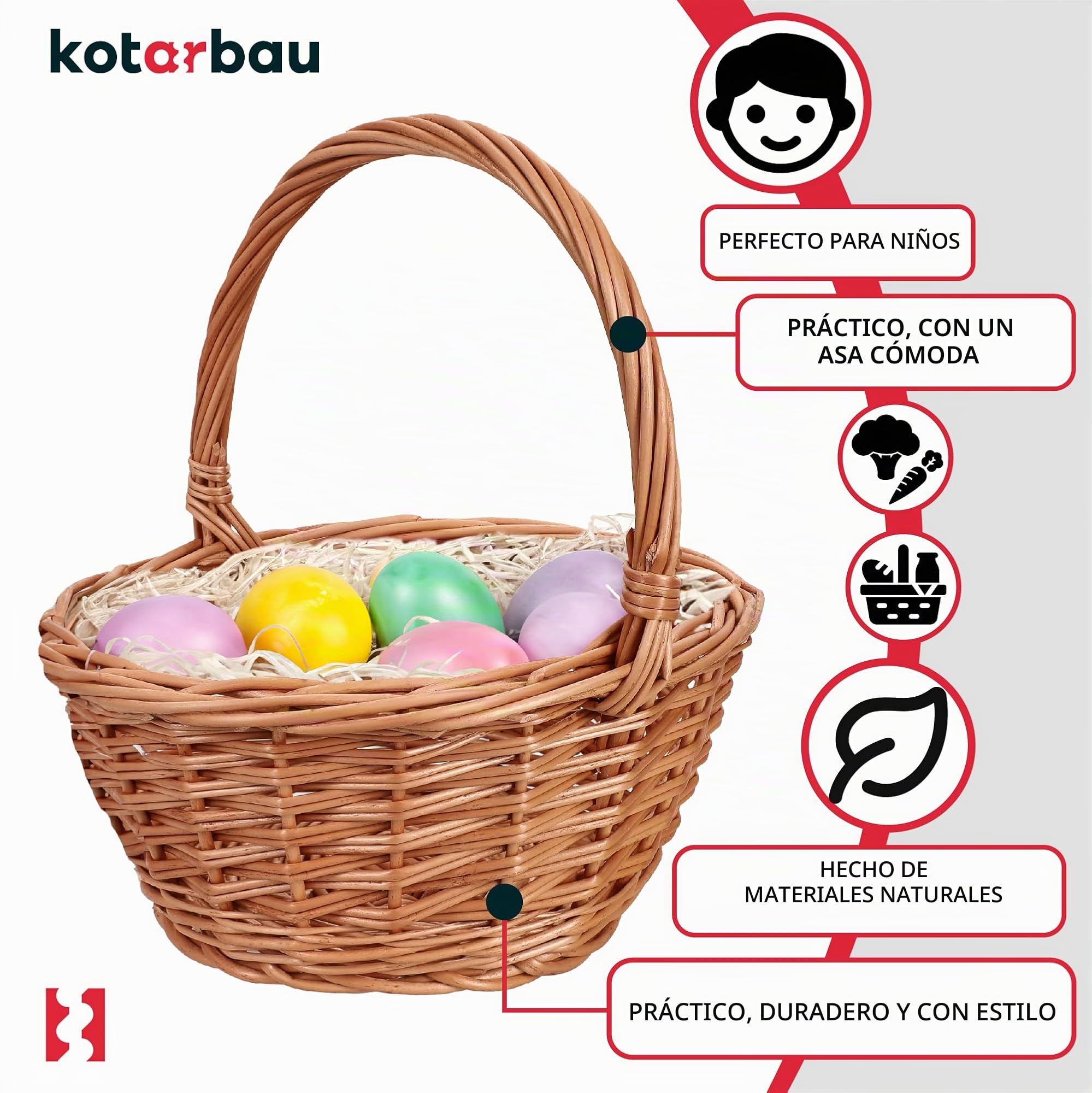KOTARBAU Cesta de mimbre con asa redonda, color marrón, 22 x 17,5 x 25 cm - Cesta de sauce clásica para Pascua, pícnic, compras o almacenamiento