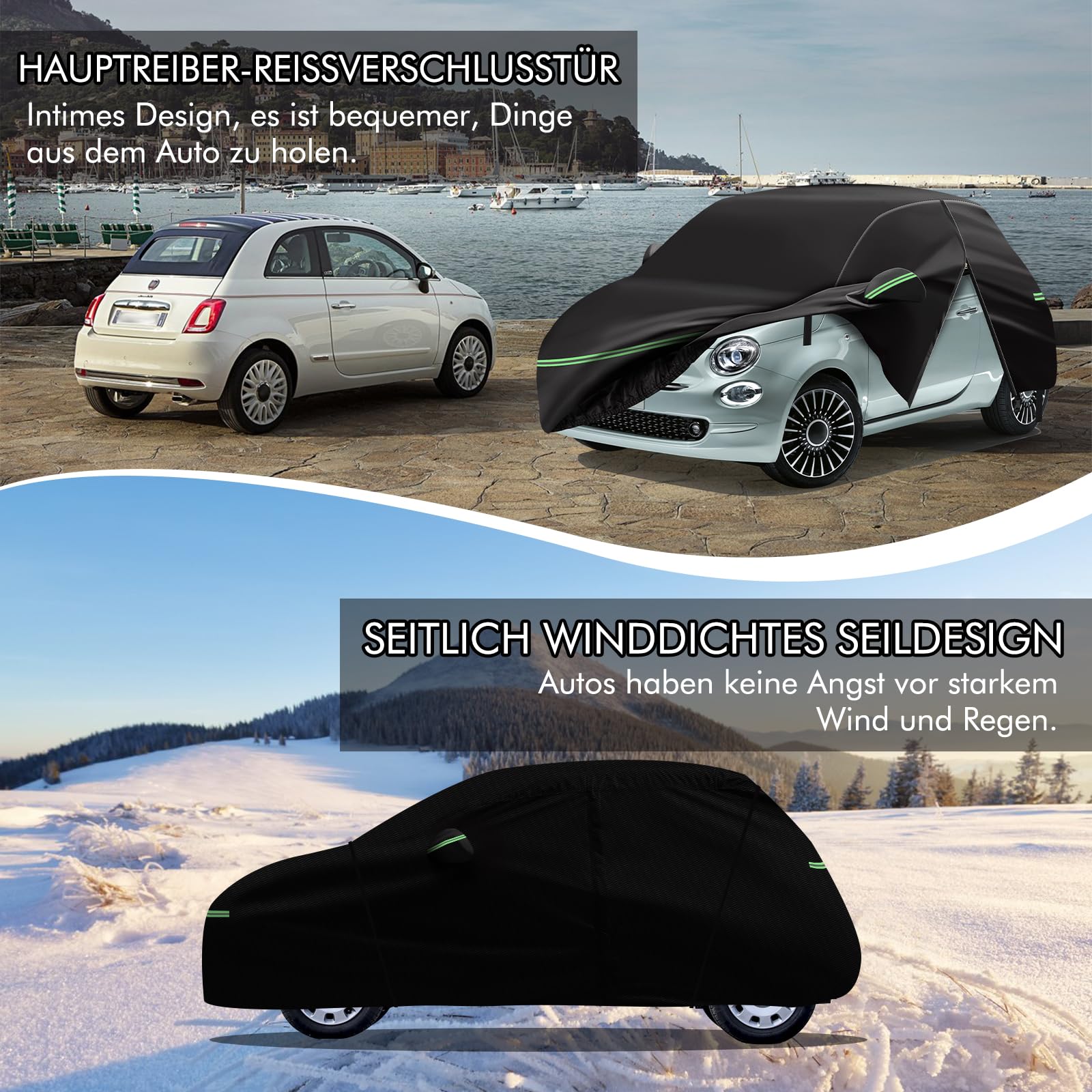 MaxAwe Pokrowiec samochodowy wodoodporny do FIAT 500/500C/500E/Abarth 2007-2024, 210D, z zamkiem błyskawicznym