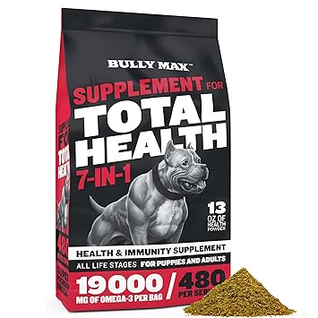 Dog Vitamins Total Health Powder by Bully Max | Puppy and Adult Dog Omega 3 Supplement | 7 in 1 Health and Immunity Chew | Performance Series Muscle Builder for All Breeds | 13 Oz Bag