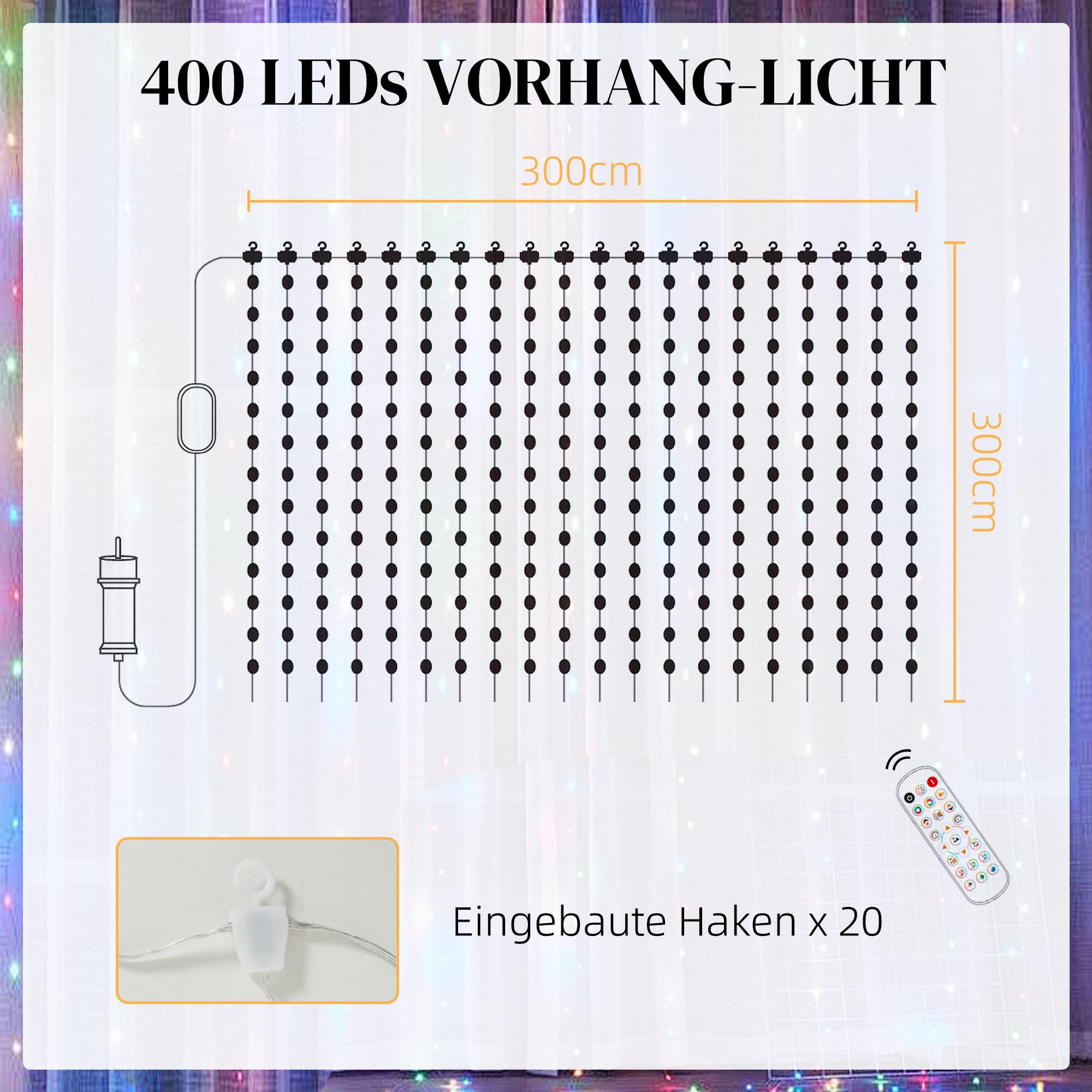 HOMCOM Lichterkette 3×3m 400 LEDs Lichtvorhang Verstellbare Helligkeit | Musik-Synchronisation, Szenenmodi, Timerfunktion, Lichterkettenvorhang, Innen Außen, IP44, Hochzeit, Party, Weihnachten