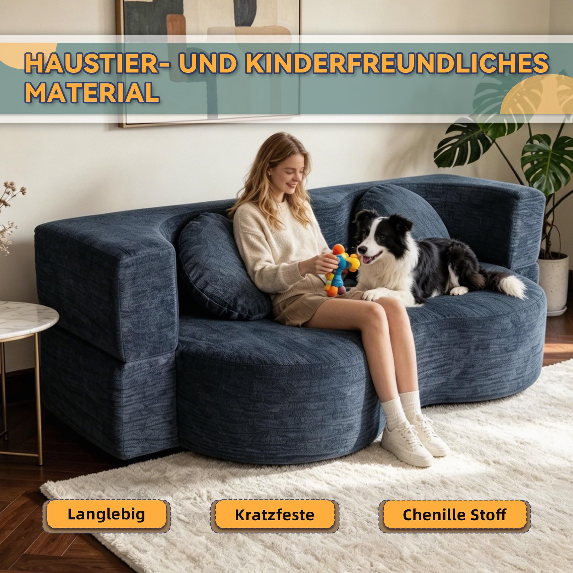 Schlafsofa 200cm Breit, Bodensofa Bed mit Pillow Back Support Armrest mit Kuscheliger Chenille-Stoff, 3-Sitzer Sofa mit Schlaffunktion für Wohnzimmer, Apartment, Schlafzimmer, Blaugrau