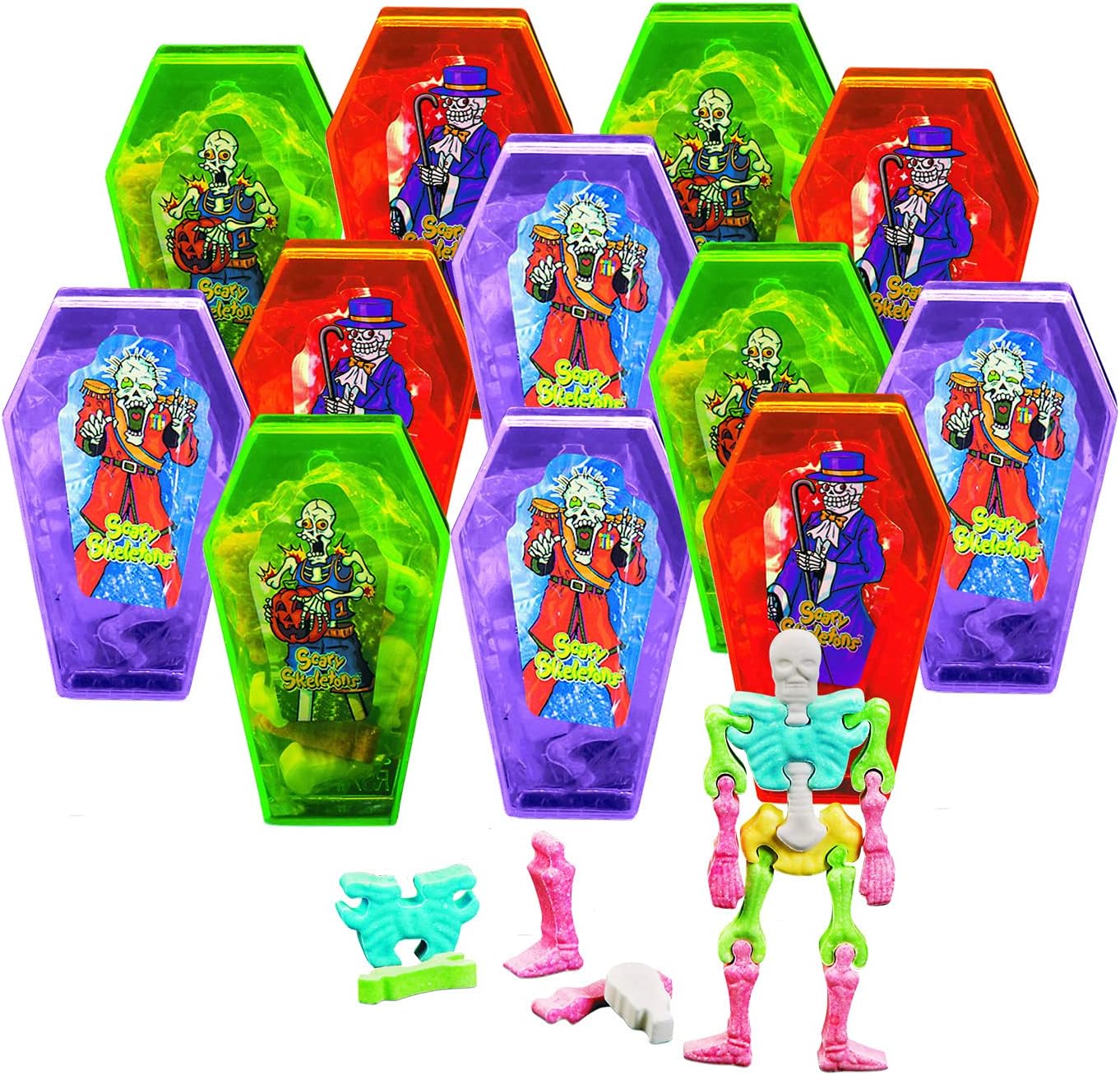 Fun Express Halloween Candy Bulk Variety Pack - 12 Coffin Boxes with Interlocking Skeleton Bone Candy | Individually Wrapped Fruit Flavored Halloween Treats for Kids Party Favors & Trick or Treat