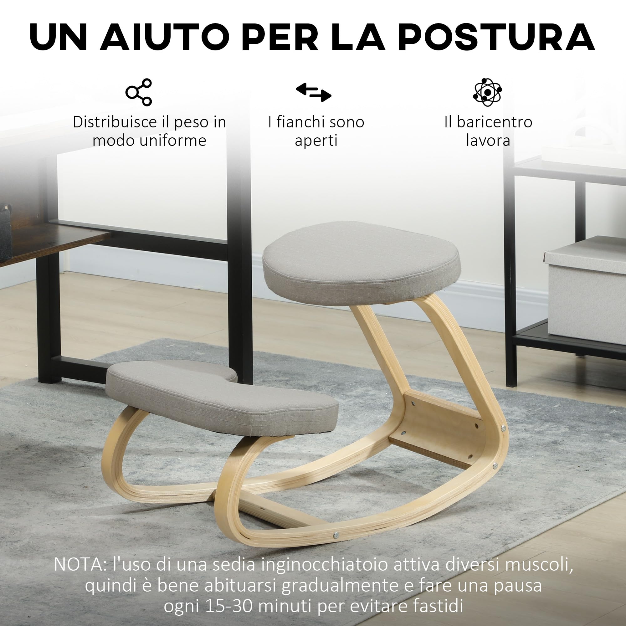 HOMCOM Sedia Inginocchiatoio con Movimento a Dondolo, Sedia Ergonomica Posturale in Tessuto Effetto Lino e Legno di Betulla, 50x73x55 cm, Grigio Chiaro