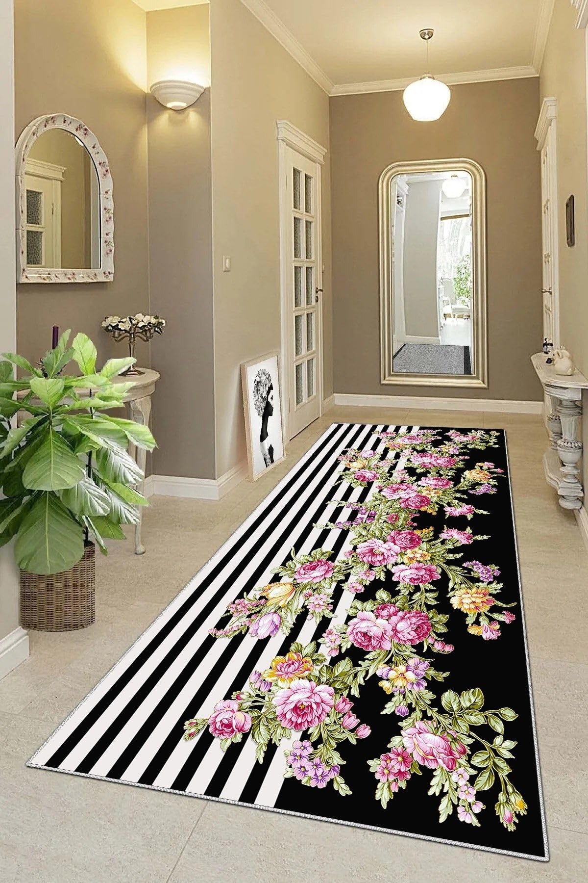 Pelangi Çiçek Desenli Renk Geçişli Dijital Baskı Yıkanabilir Kaymaz Taban Vintage Salon Halısı ve Yolluk, Siyah-Beyaz 60 x 120, 9554977601207