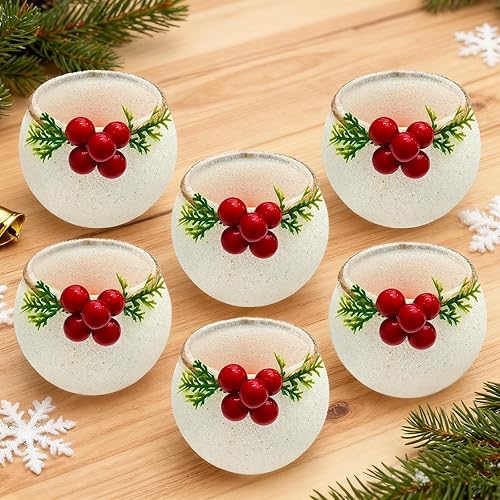 Juego de 6 portavelas votivas de Navidad con hojas de pino nevadas y bayas rojas, candelabros de cristal de Navidad para decoración de mesa de